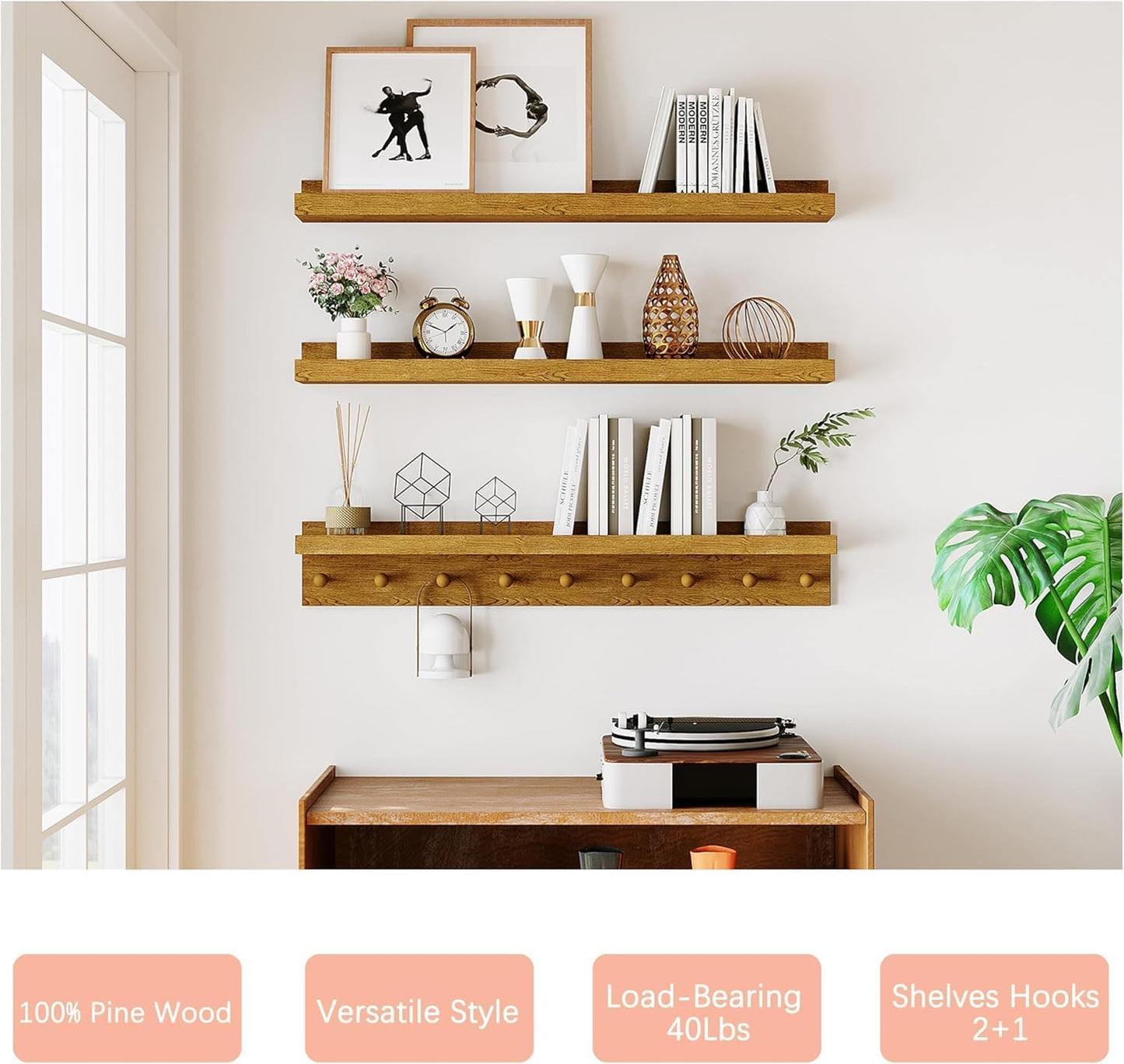 MBYD Floating Shelves 36 Inch, Nursery Book Shelves for Kids Room, Hanging Bookshelf with Hooks Set of 3, Light Walnut Wood Picture Ldge Shelving, Kitchen Wall Shelf Spice Rack for Bedroom Bathroom