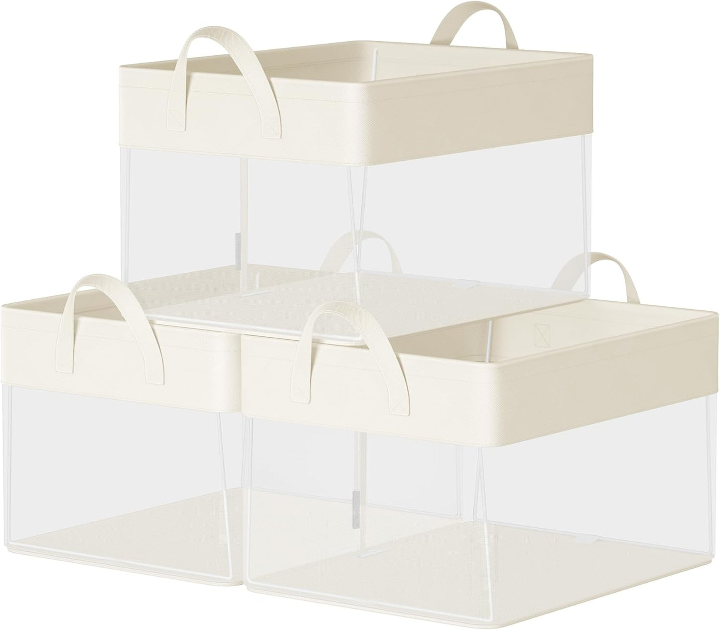 SONGMICS ClosetOrganizers Set of 3, Medium Fabric Storage Baskets, Foldable Organizer with Transparent Nylon Mesh, 15.7 x 11.8 x 9.8 Inches, Handles, for Bedroom, Living Room, Cream White URFB940W01