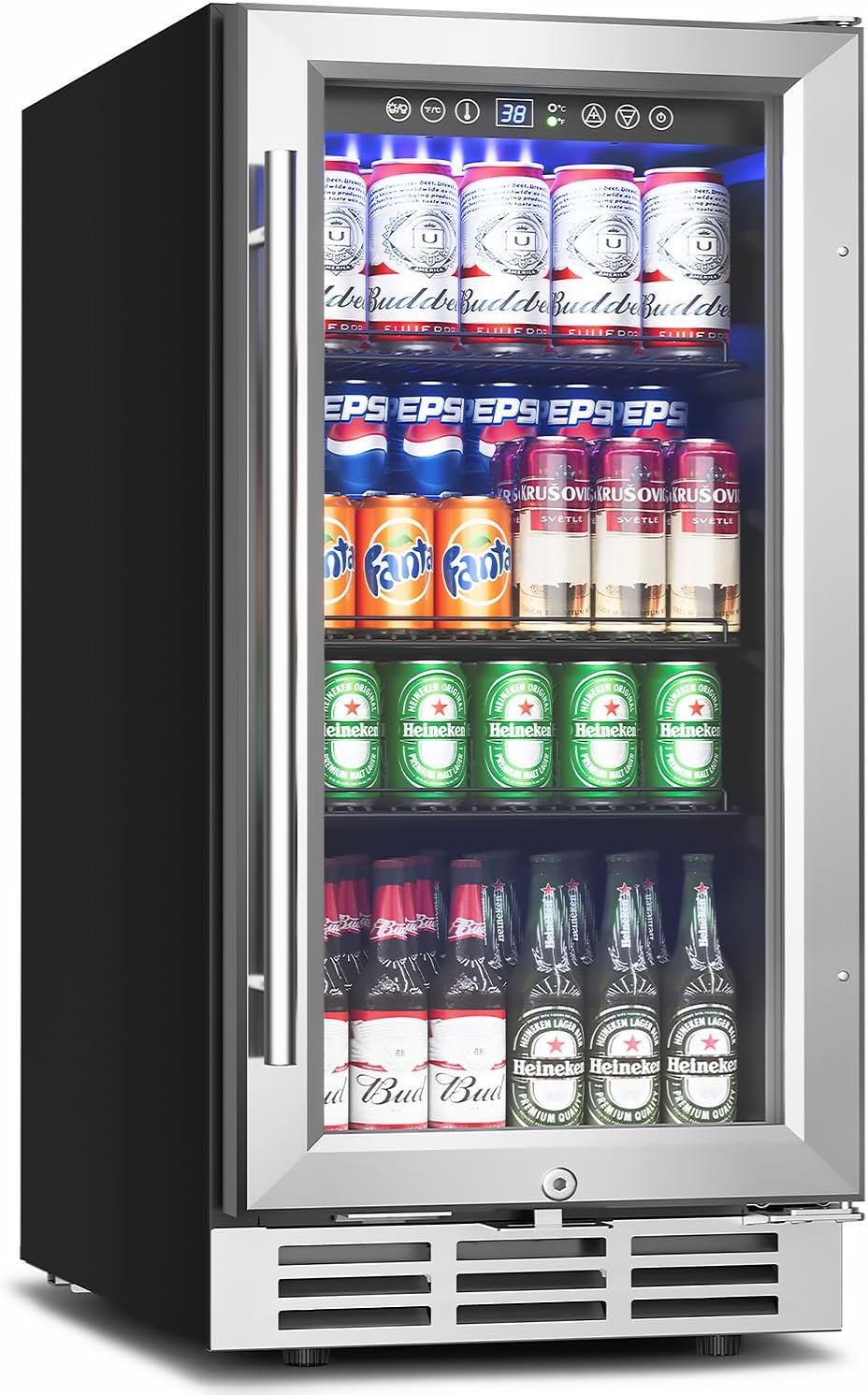15 Inch Beverage Refrigerator Under Counter - 126 Cans Beverage Fridge with Glass Door for Beer Wine Soda - Built-in or Freestanding Wine Cooler with Safety Lock for Home Kitchen Bar