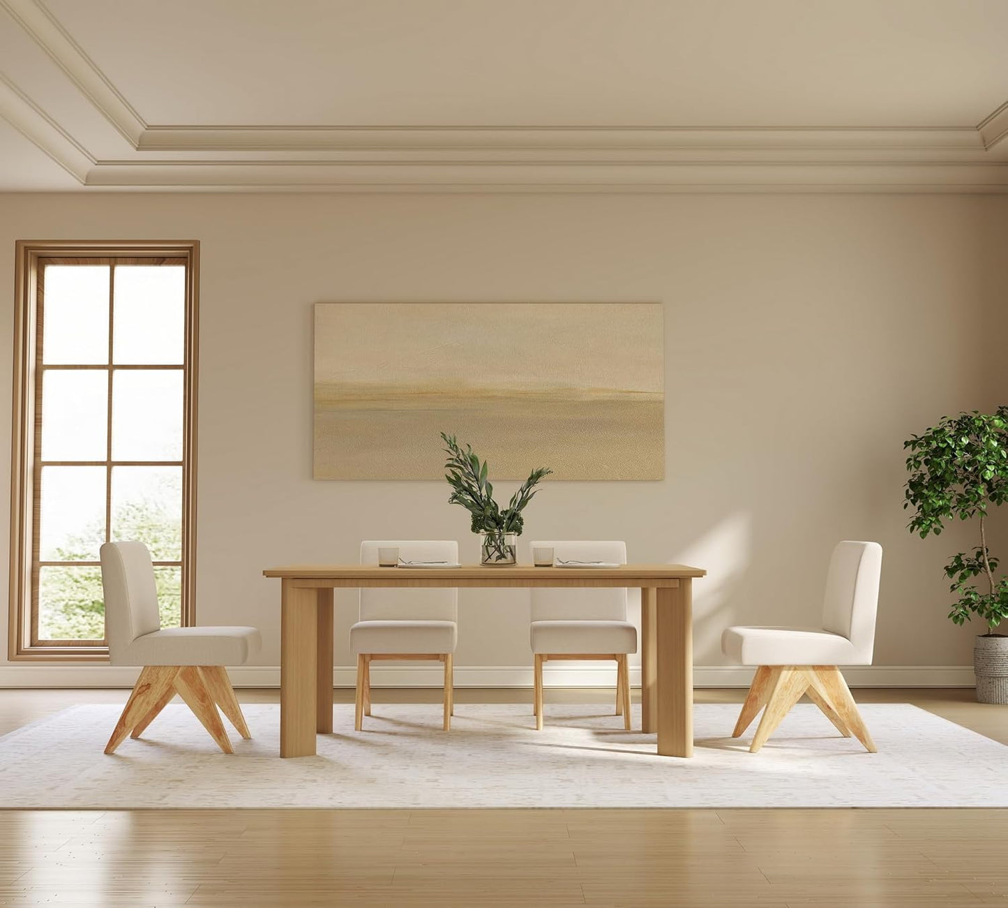 Mid Century Modern Farmhouse Dining Chairs Set of 4, Upholstered Armless Kitchen Chairs with Back and Wooden Legs, Linen Beige