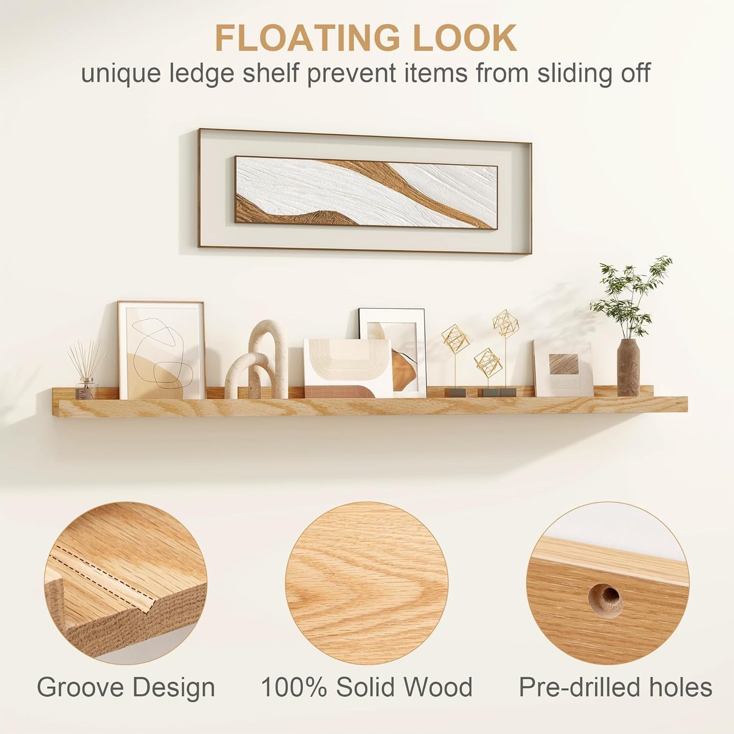 Floating Picture Ledge Shelves 55 Inch Solid Oak Wood Set of 2, Rustic Wall Storage Shelves with Lip, Kids Bookshelf, Photo & Picture Ledge Shelves for Bedroom, Living Room, Kitchen