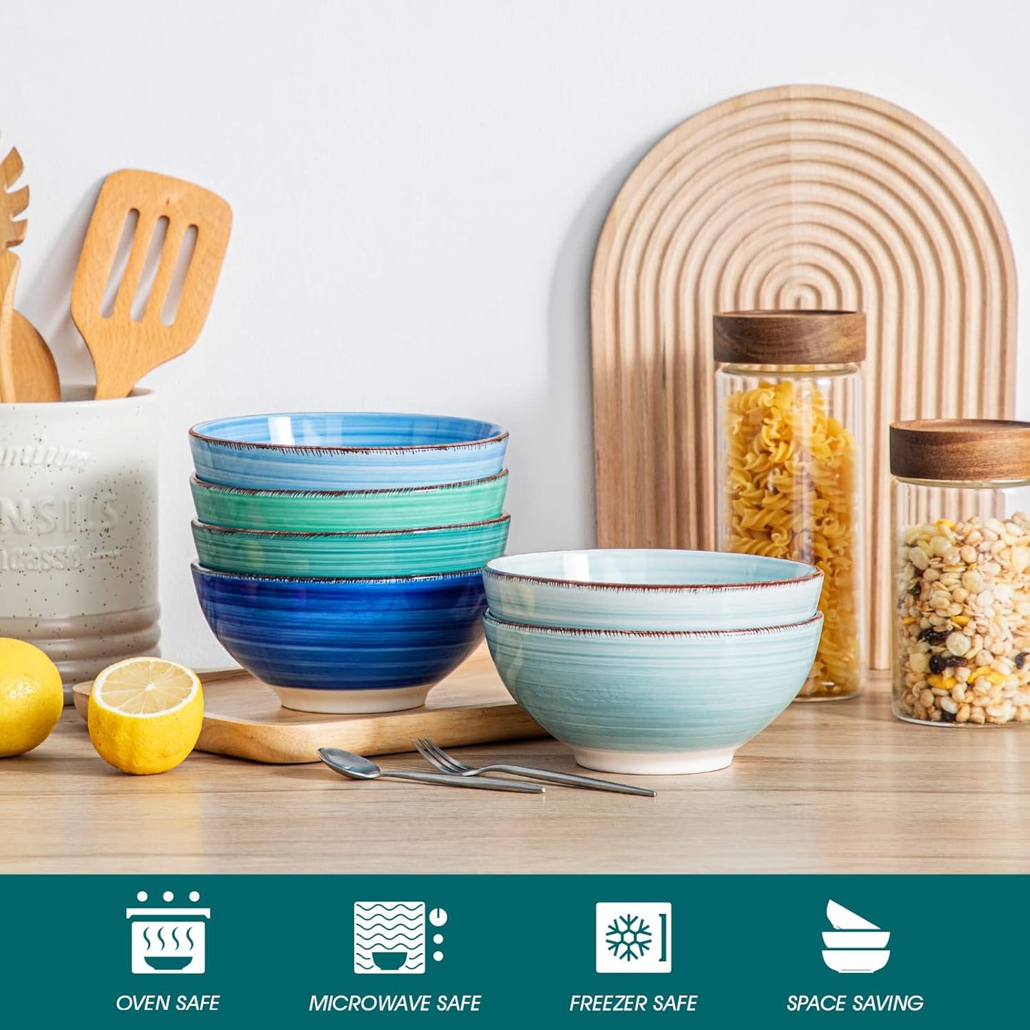 vancasso Bonita 27 Oz Cereal Bowls Set of 6, Blue Ceramic Bowls for Kitchen, 6 Inch Soup Bowls, Dishwasher & Microwave Safe