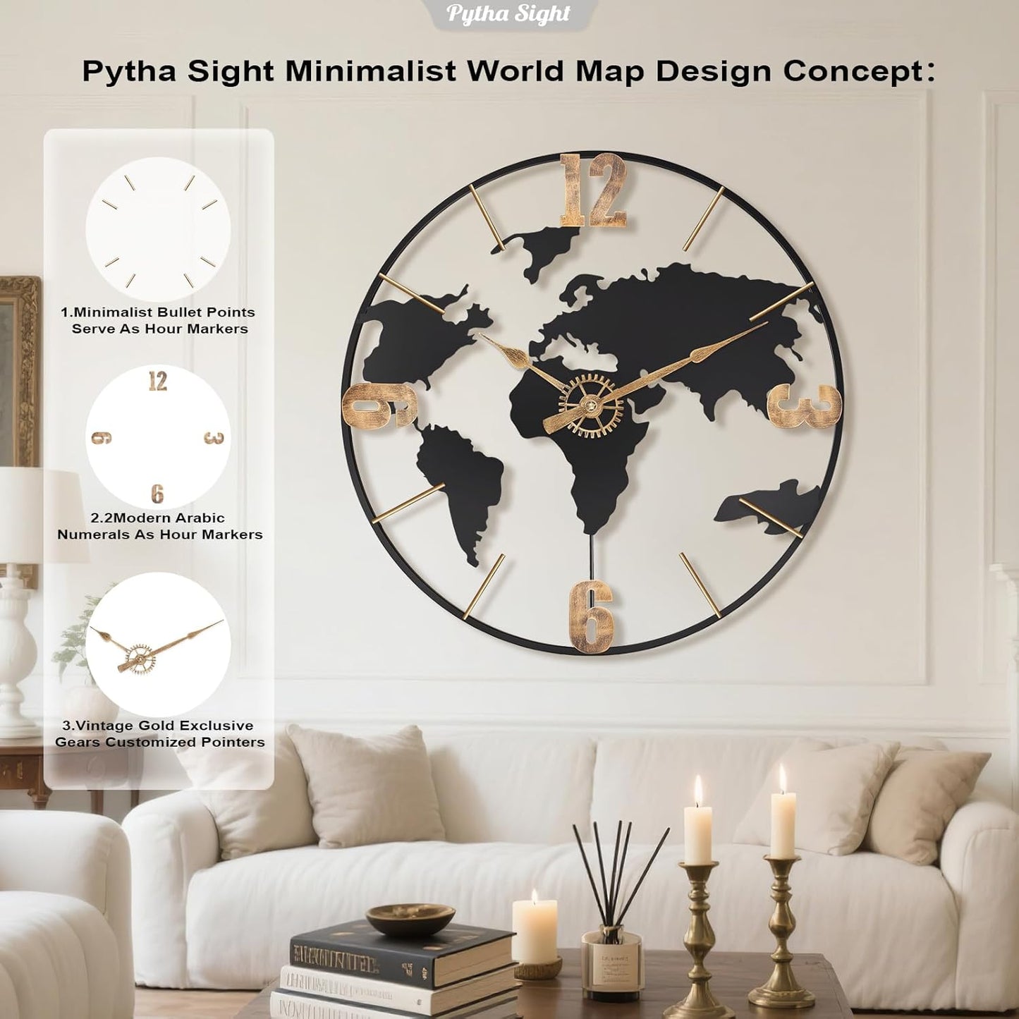 22 Inch Large Wall Clock,Modern Decorative Big World Map with Vintage Gold Arabic Numeral Extra Giant Metal Oversized Wall Clocks for Living Room,Office,Kitchen,Dining Room,Bedroom