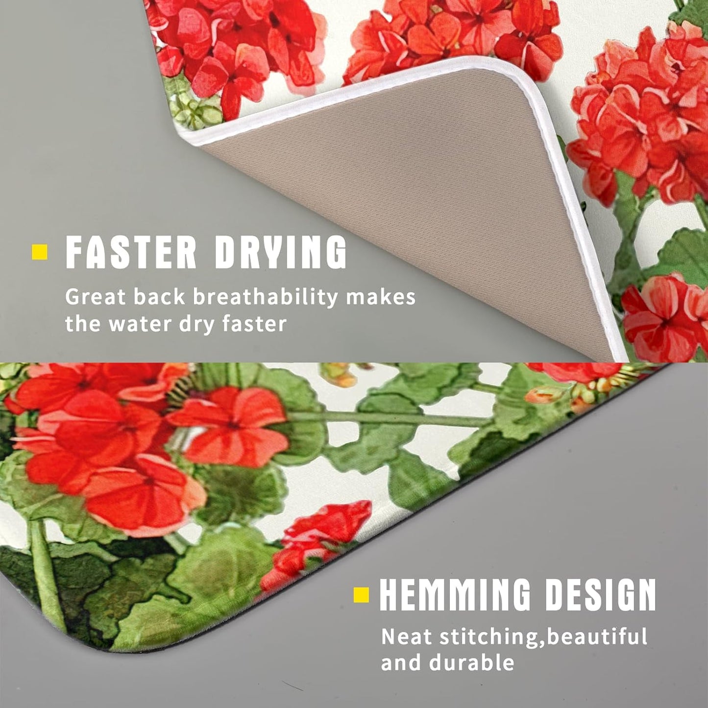 Spring Dish Drying Mat for Kitchen Counter Geranium Summer Floral Seasonal Absorbent Reversible Microfiber Kitchen Countertop Protector Dishes Pad Small 16x18 inch