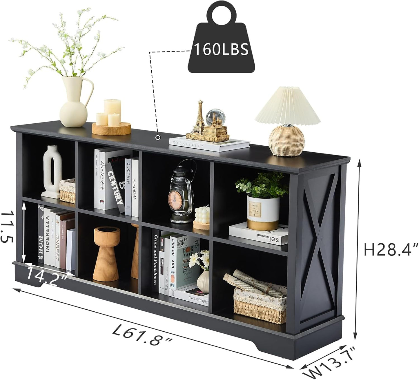 Farmhouse 8 Cube Bookshelf, Black Storage Organizer Bookcase, Kids Toy Storage Cabinet, Long Bookshelves Storage Organizer Shelf, Wood Display Cabinet Book Shelves for Bedroom,Living Room,Office