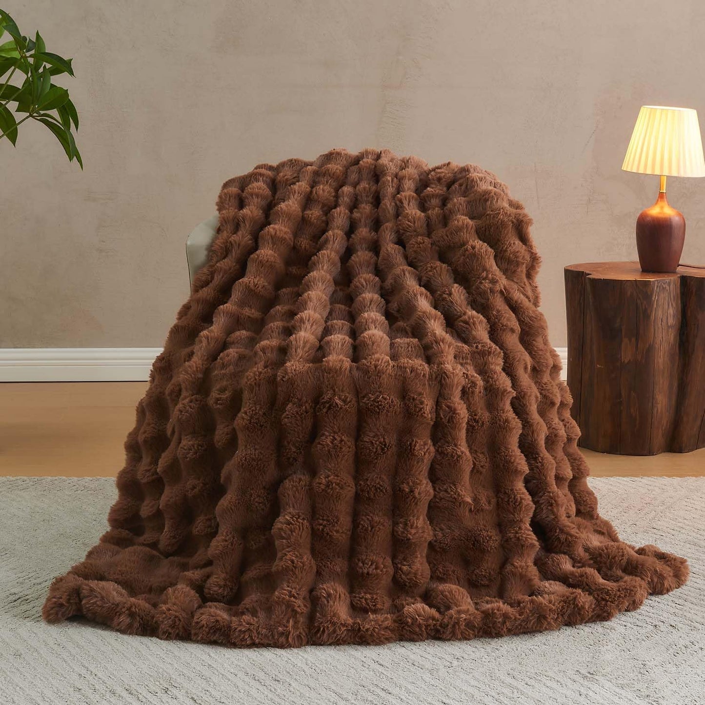 Lotus Karen Faux Fur Throw Blanket Dark Coffee - Big Bubble Rabbit Fluff Blanket for Couch Bed Sofa,Softest Fluffy Fuzzy Cozy Blanket,Thick Furry Plush Shaggy Warm Blankets for Women,50x60 Inches
