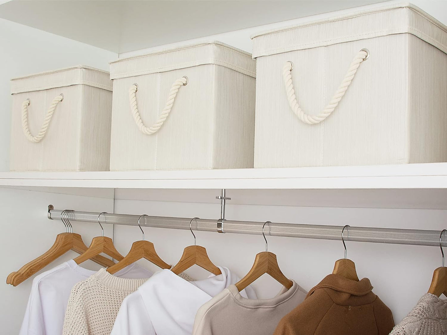 StorageWorks Storage Bins with Lids, Decorative Storage Boxes with Lid and Soft Rope Handles, Foldable Storage Baskets for Closet, Shelves, Stackable, Ivory and White, Jumbo, 3-Pack