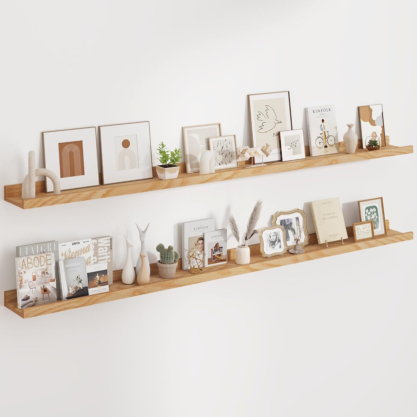 Floating Picture Ledge Shelves 72 Inch Solid Oak Wood Set of 2, Rustic Wall Storage Shelves with Lip, Kids Bookshelf, Photo & Picture Ledge Shelves for Bedroom, Living Room, Kitchen