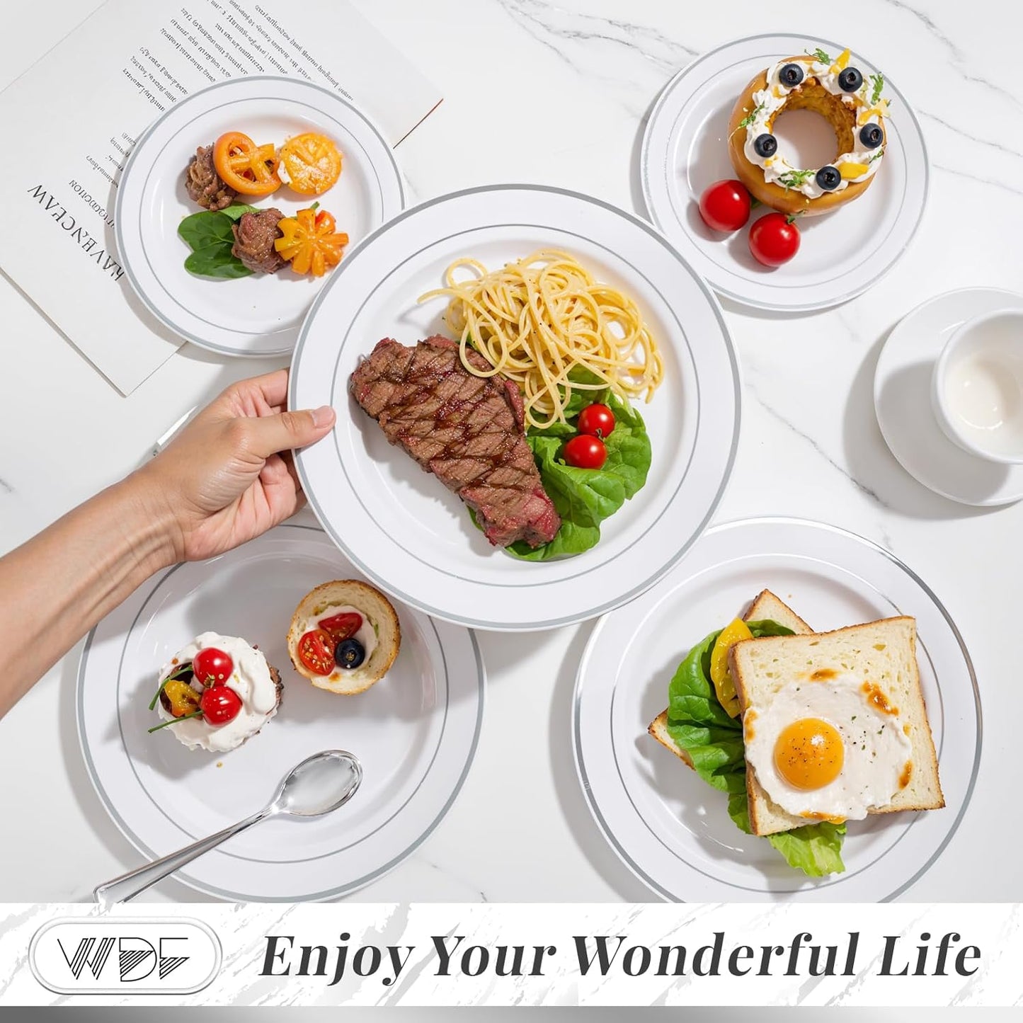 350Piece Silver Plastic Dinnerware Set for 50 Guests - Silver Plastic Plates with Cutlery Include:50Dinner Plates-50Dessert Plates-50Pre Rolled Napkins with Silverware