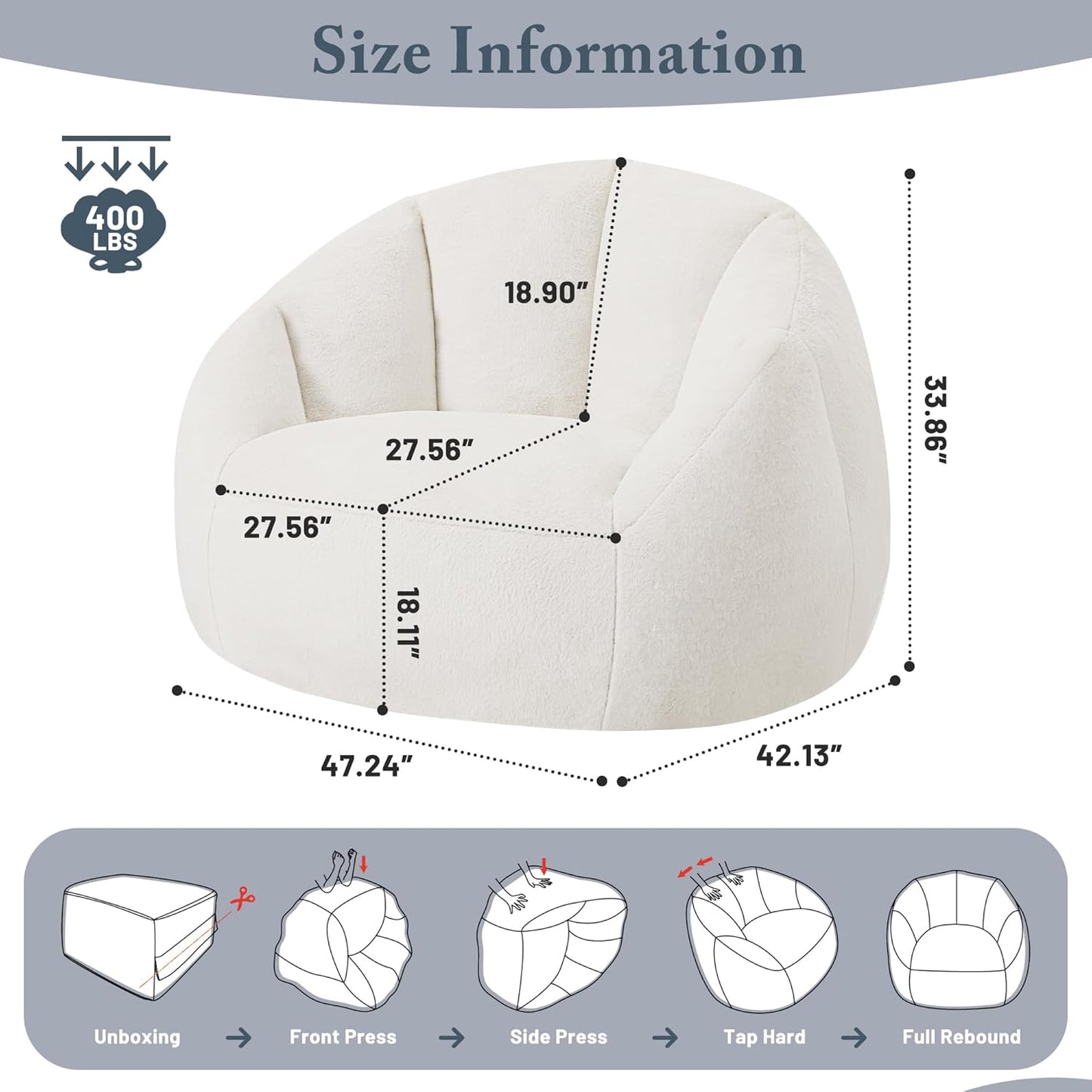 Giant Bean Bag Chair for Adults - Comfy Plush Round Shell Soft Accent Chair, Oversized Cozy Lounge Floor Sofa Reading Chair, Mini Couch for Living Room, Bedroom & Game Rooms, Beige