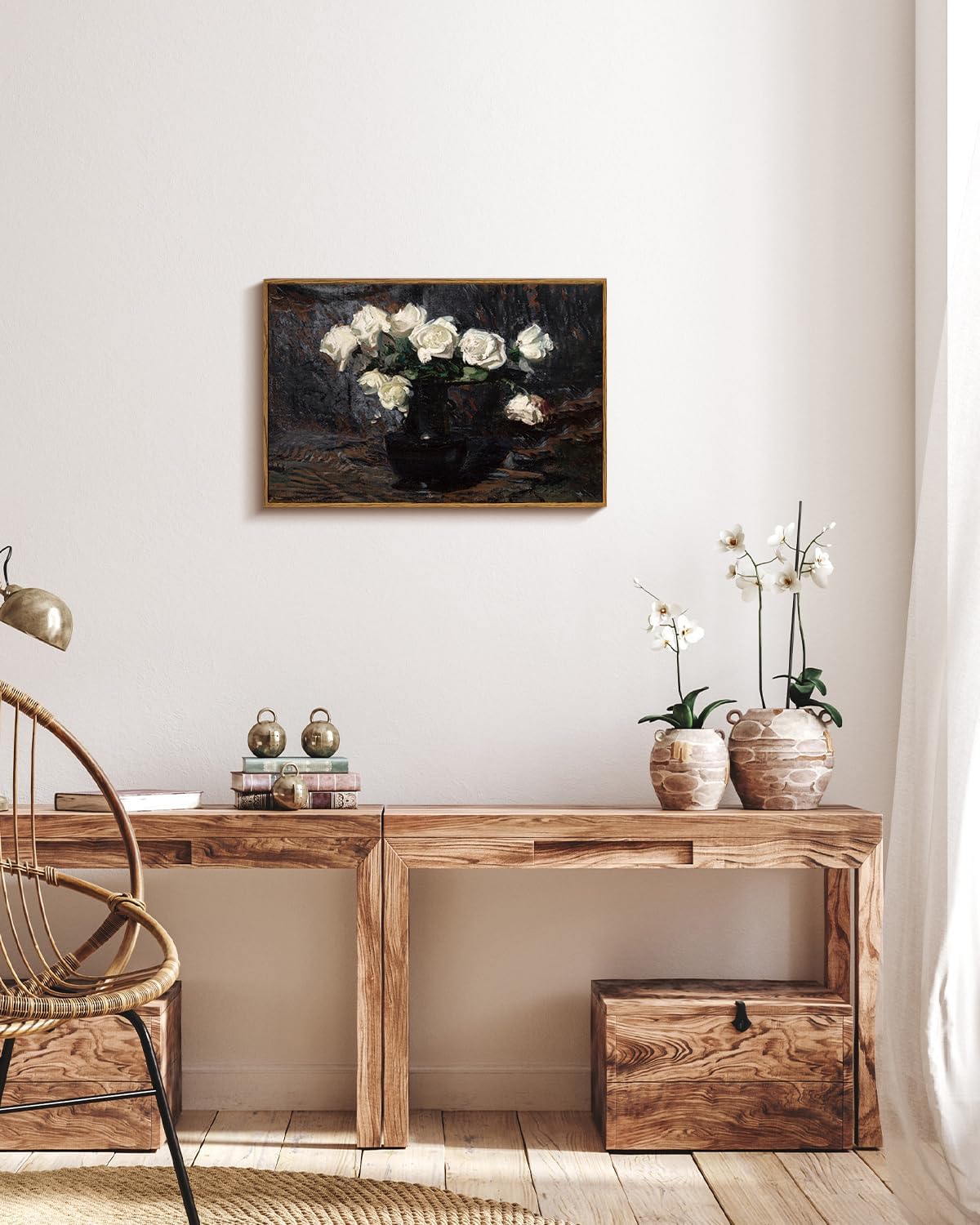 VIYYIEA Framed Canvas Wall Art Home Decor Vintage Botanical Print White Roses in Vase Rustic Farmhouse Flower Wall Decor Mid Century Pictures Decor Art Prints Floral Room Decor for Living Room 16x24in