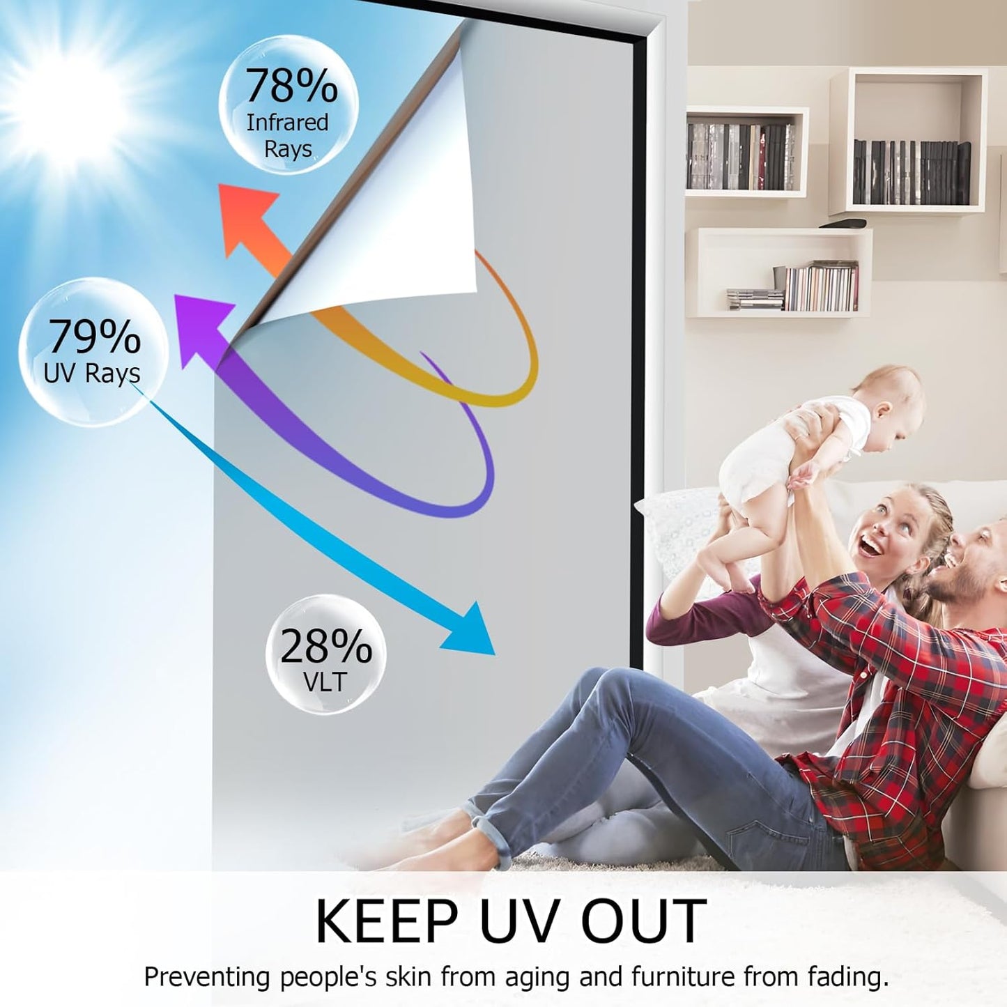 HIDBEA One Way Privacy Window Film, Daytime Privacy Sun Blocking Anti UV Reflective Window Film Heat Control Static Cling Window Tint Film for Home and Office, Silver, 41.3 x 78.7 Inch