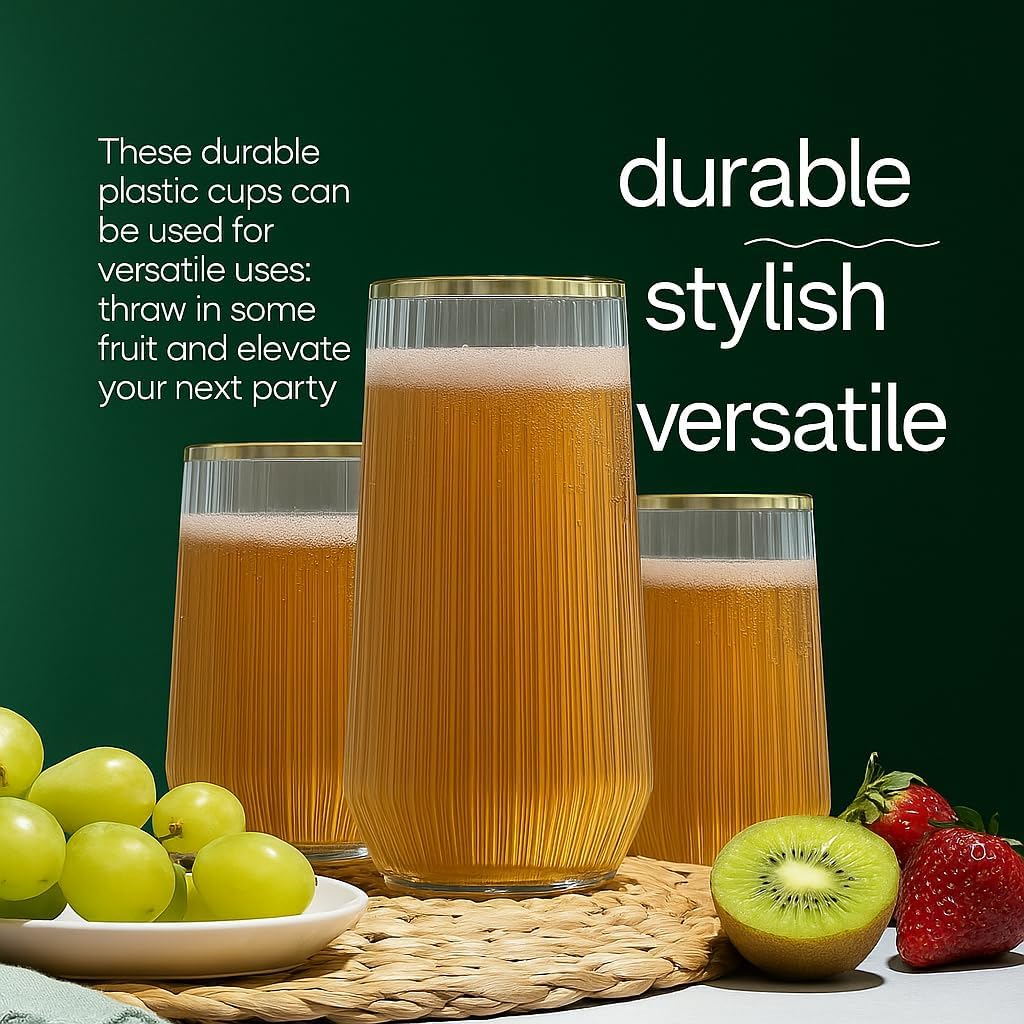 48 Pack Ribbed Ripple Stemless Toasting Glasses, Origami Durable 9 Oz BPA-Free Disposable Plastic Champagne Flutes for Weddings, Bars, Events, and Celebrations (Gold Rim)