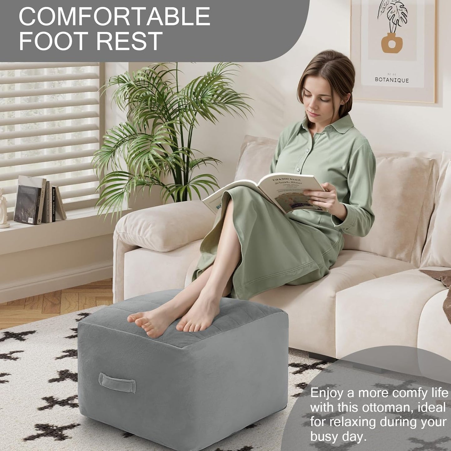 MeMoreCool Square Stuffed Pouf Ottoman Foot Rest, Floor Pouf Foot Stool with Foam Chunk Filling, Soft Stuffed Ottoman Footrest for Living Room, Light Grey