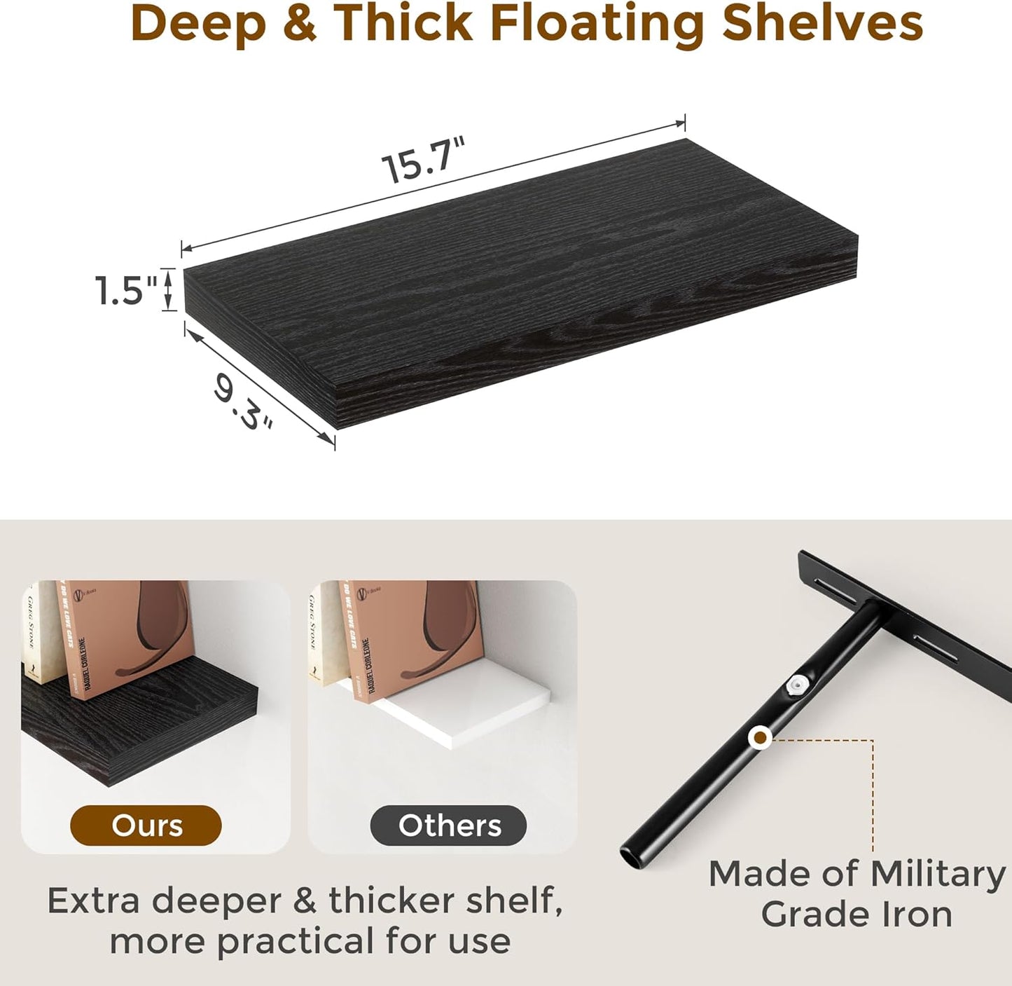 Fun Memories Black Floating Shelves 16 Inch Long, 9 Inch Deep Wall Shelf for Bathroom, 16 x 9 Floating Shelf for Living Room, Bedroom, Kitchen, Rustic Wood Shelves for Wall, Set of 2