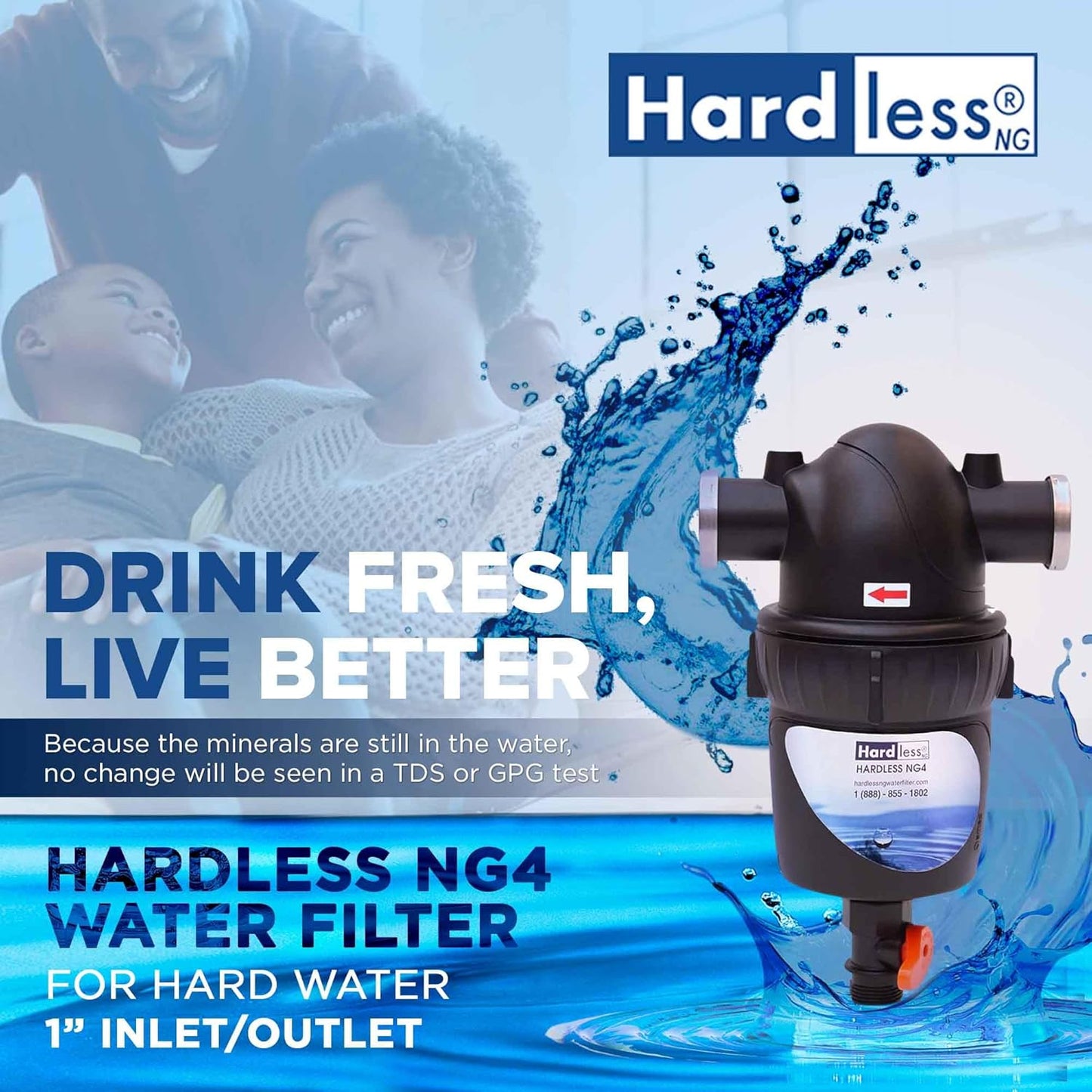 Hardless NG4 Whole House Water Filter - Salt-Free Softening Device - Reduces Limescale, Sediment & More - Compact, Easy to Install - Comes w/ 1" Inlet/Outlet- Filtration System for Extra Hard Water