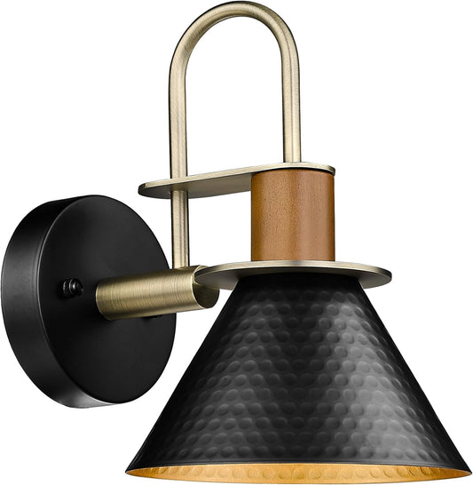 Black Wall Sconce, HWH Industrial Indoor Wall Light Fixture, Single Wall Vanity Light Gooseneck Barn Wall Lamp with Hammered Metal Shade, Black and Gold Finish, 5HZG74B BK+BG