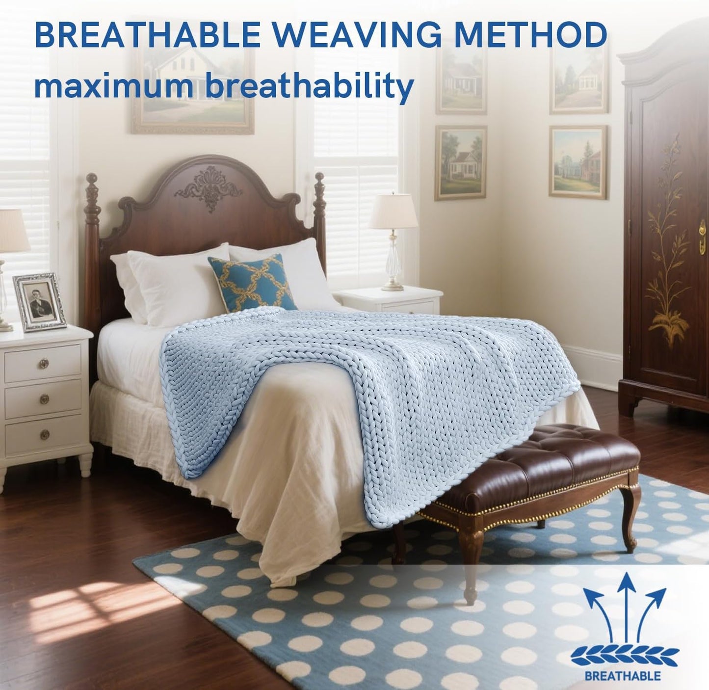 YnM Cooling Chunky Throw Blanket, Medium-Weight, Hand Knitted, Skin Friendly, Ventilated and Breathable, Machine Washable, Home Décor Piece for Couch, Sofa and Bed (Azure Blue, 60x80 Inch)