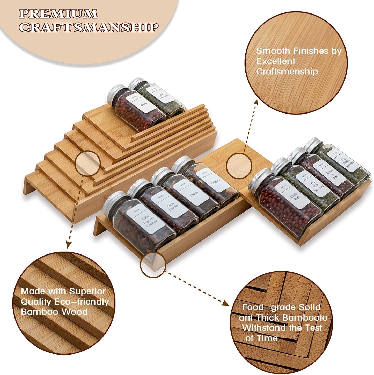 Bamboo Spice Rack Drawer Organizer - 8 Pieces Set- 11" Wide Per Piece - Combine Pieces Into 22" Wide Rack (11" or 22")