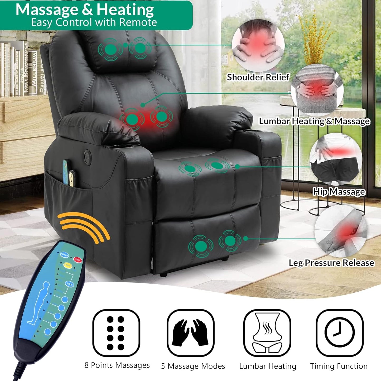 VIVIJASON Power Lift Chair Electric Recliner for Elderly Heated Vibration Massage Faux Leather Recliner Chair with 2 Remote Controls, Cup Holders, Side Pockets & USB Ports for Living Room (Black)