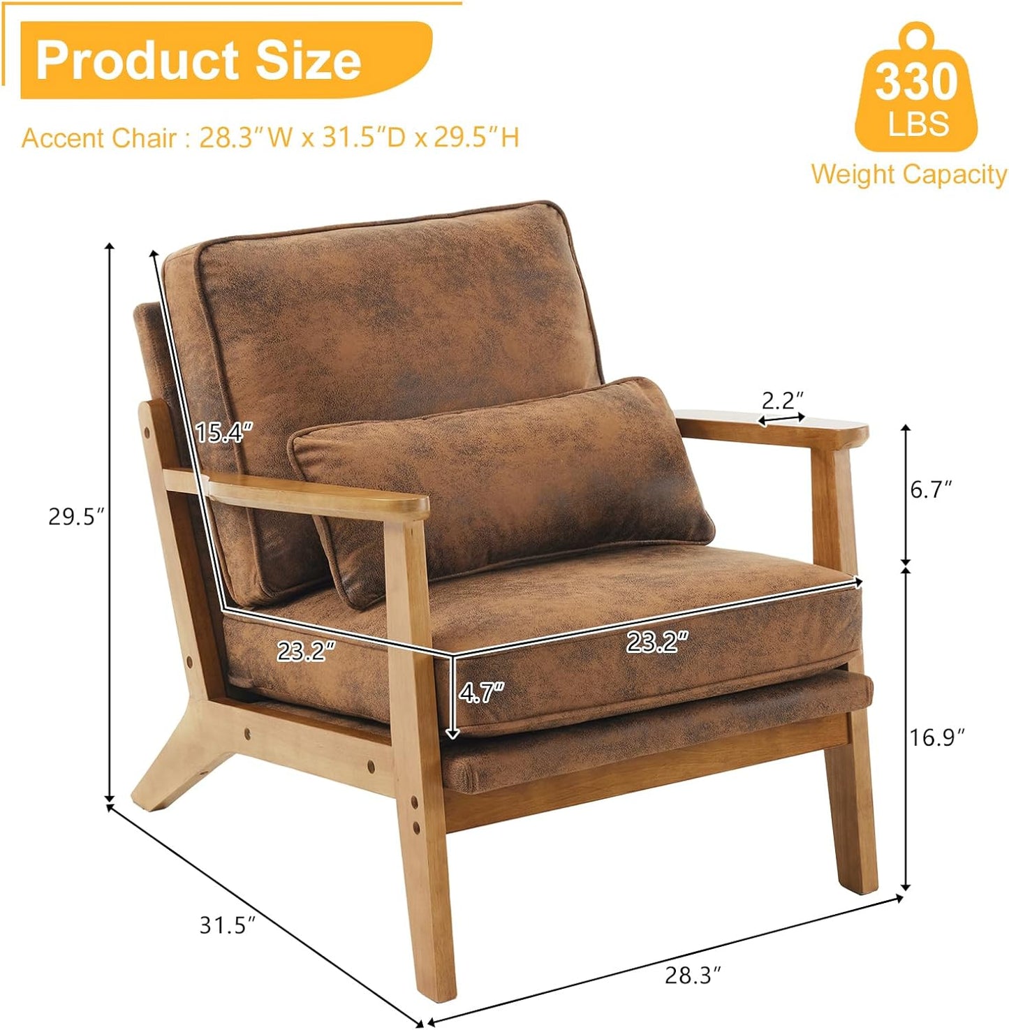 Karl home Accent Chair Wide Armrest Mid-Century Lounge Chair Bronzing Cloth Armchair with Lumbar Pillow & Solid Wood Frame for Living Room, Bedroom, Balcony, Brown