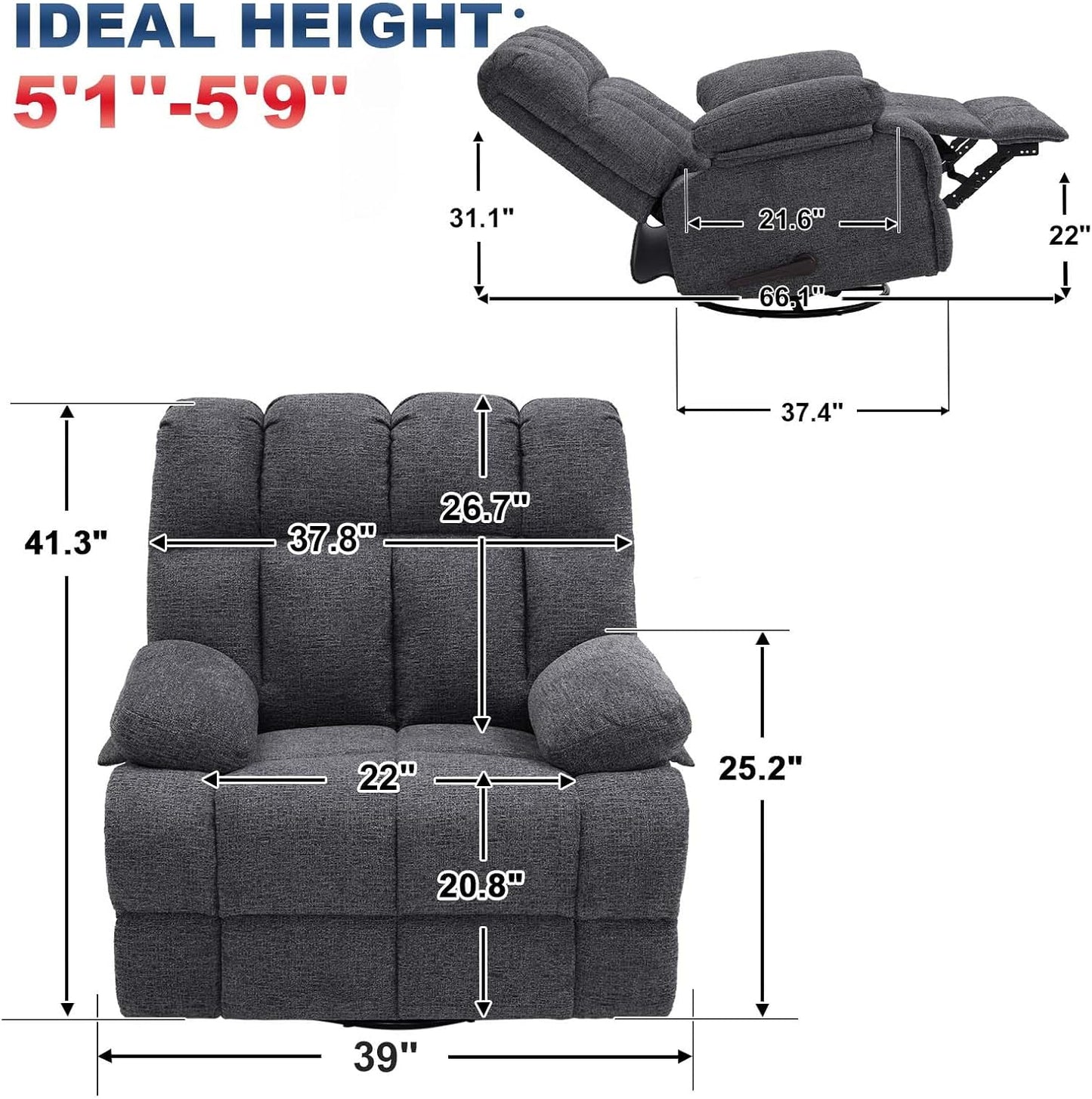 Oversized Swivel Rocker Recliner Chair for Adult, Rock Recliner for 350lb Big Man, Extra Wide Manual Recliners, Overstuffed Soft Rocking Sofa Chair,Light Grey