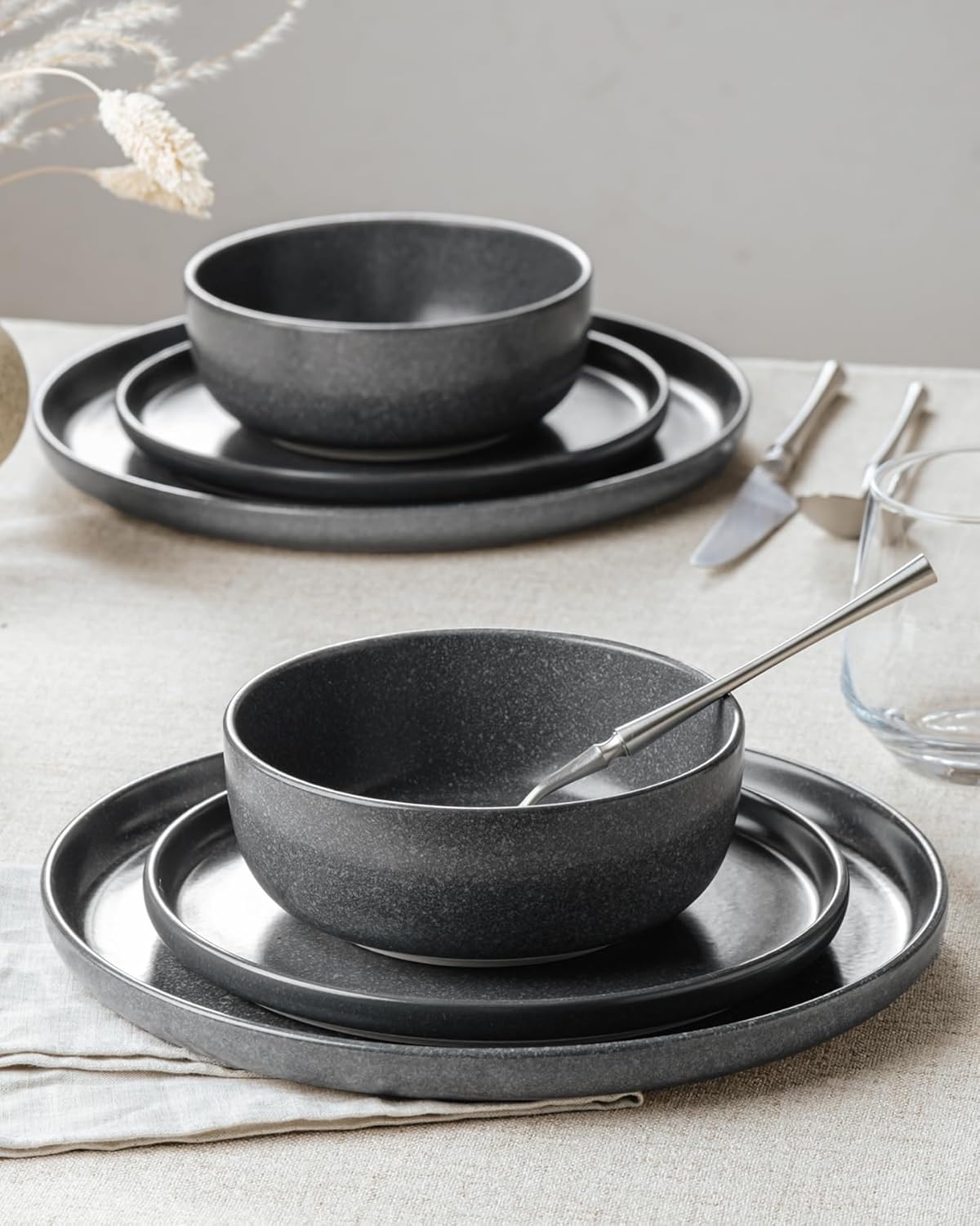 Famiware Milkyway Plates and Bowls Sets, 12 Pieces Dinnerware Sets, Reactive Glaze Dish Set, Stoneware Dishes Set for 4, Matte Dark Charcoal