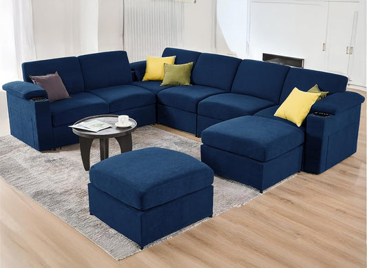 Modular Sectional Sofa Couch for Living Room Velvet Cloud Couches Oversized U Shaped Convertible Sleeper Sofa Chaise Detachable Armrest Cushion Cup Holder (Blue, 8 Seats)