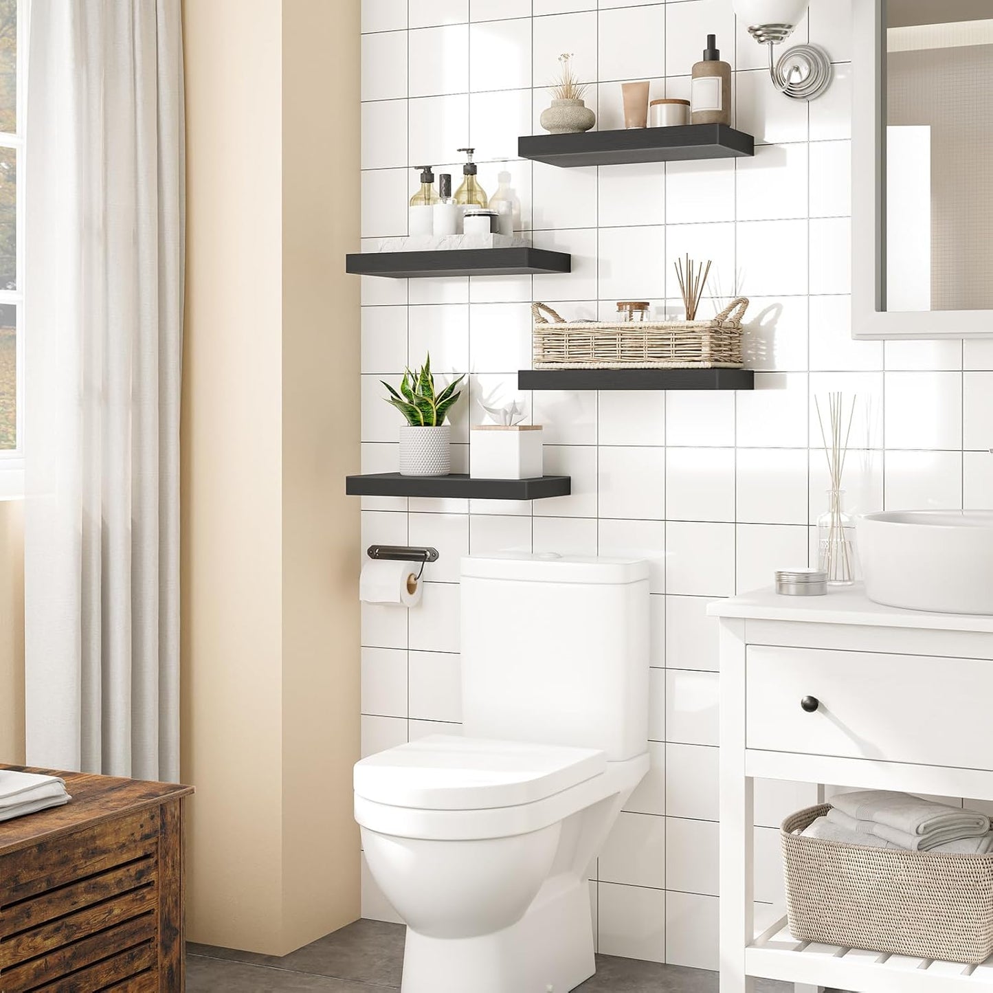 HOOBRO Floating Shelves for Wall, Wall Mounted Shelf Set of 2, 15.7" Hanging Shelf with Invisible Brackets, for Wall in Bathroom, Bedroom, Toilet, Kitchen, Living Room, Office, Black BK40BJ01