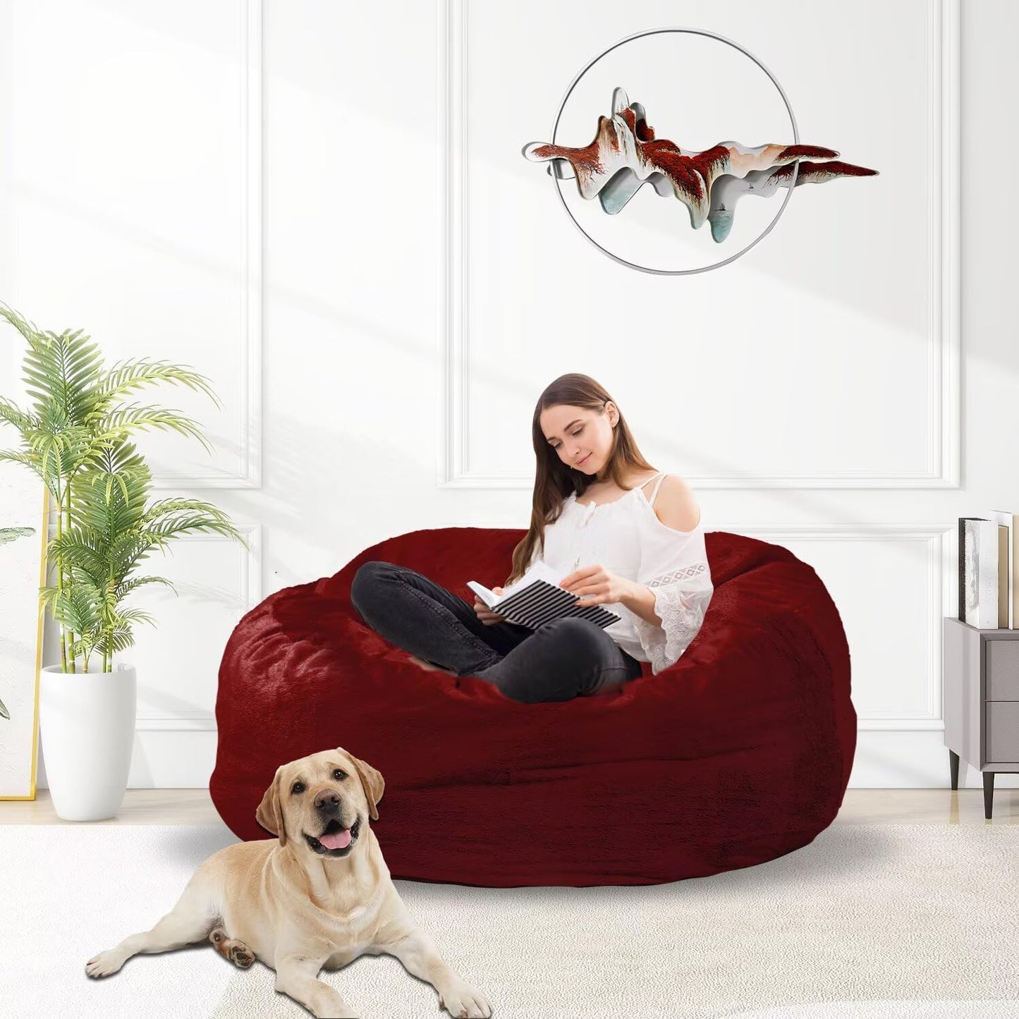 Bean Bag Chair for Adults 3FT,Soft Removable Cover for Teens/Girls Bedroom,Fluffy Giant Round Floor Beanbag Lounger Chairs (No Filler,Claret)
