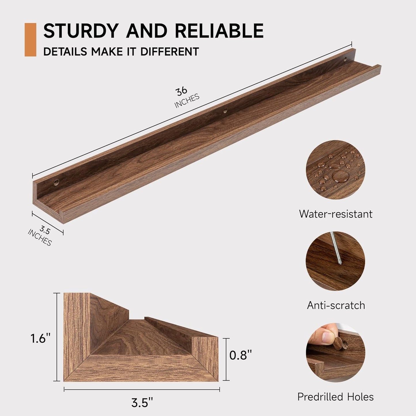 Picture Ledge Shelf for Wall, Floating Shelves Set of 4, 36 Inch Long Nursery Book Shelves for Toys Storage, Kids Bookshelf Wall Mounted for Books Photo Frames, Walnut