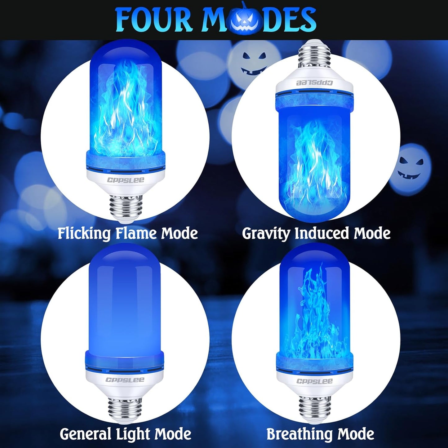 CPPSLEE Upgraded LED Flame Light Bulbs, 4 Modes Flickering Light Bulbs, E26 Base Fire Flame Bulb for Halloween Decorations Outdoor, Christmas Lights Patio Indoor Home Decor (Blue, 4 Pack)