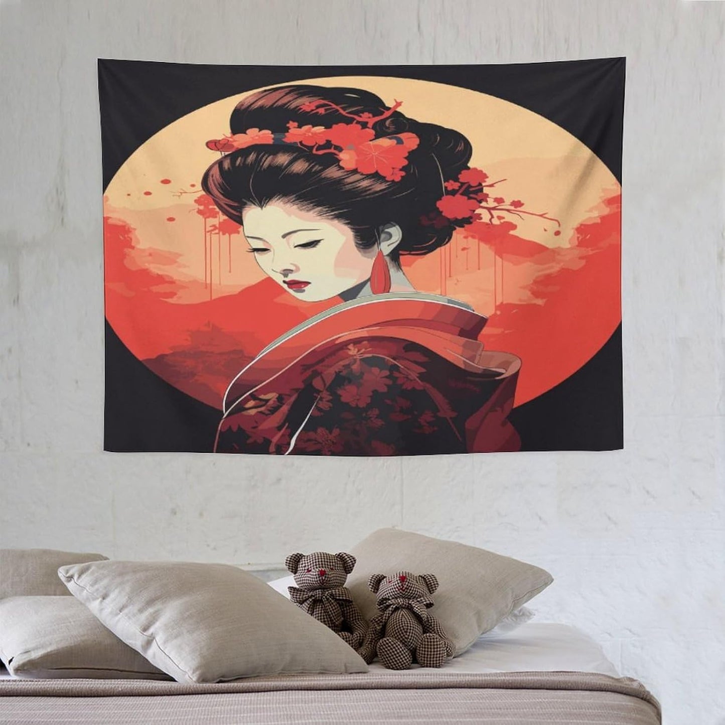 Japanese Woman Geisha Tapestry Asian Cherry Blossom Red Sun Traditional Kimono Folk Tapestries Home Decor for Living Room Bedroom Apartment Farmhouse Dorm 40"x30"