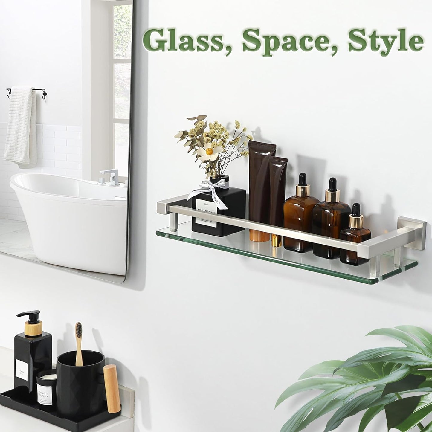 Alise Bathroom Glass Shelf with Stainless Steel Railing, Brushed Nickel Small Tempered Glass Floating Wall Shelf Over The Toilet, 16 inch