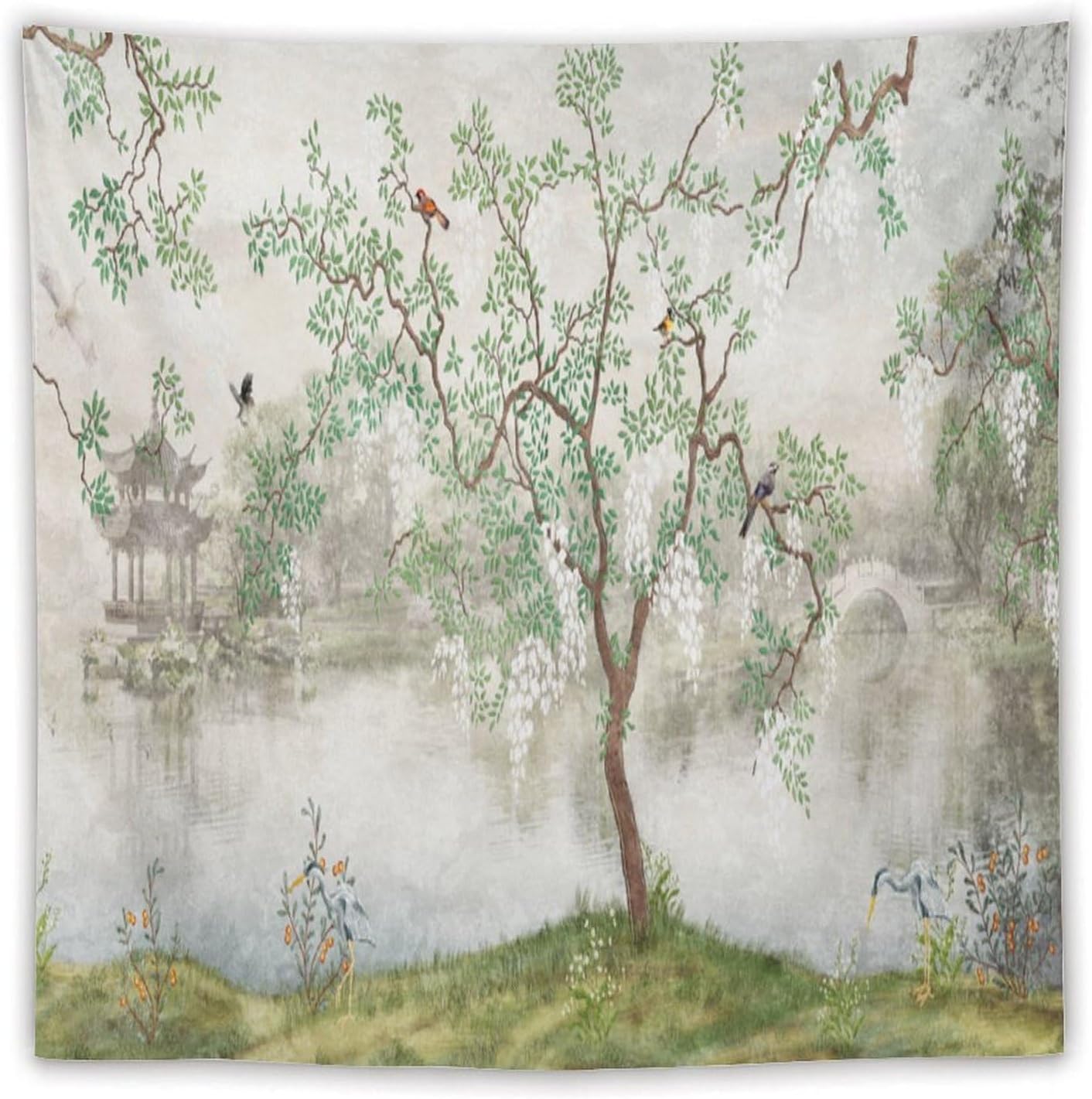 HZOHNAGO Japanese Tapestry Tree Misty Garden Lake Printed Wall Tapestry Ink Painting Wall Hanging for Bedroom Living Room Dorm 60" W x 60" H