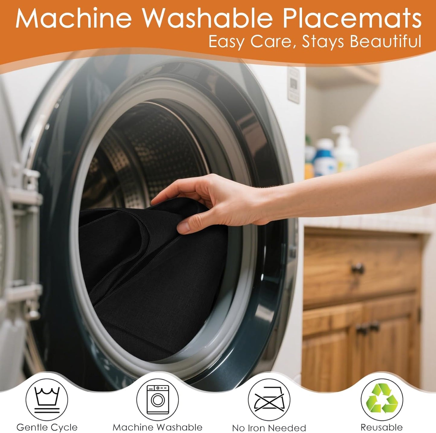 MANSPHIL Black Cloth Placemats Set of 4, Washable Thick Faux Linen Place Mats Heat Resistant Double Layer Table Mats for Dining Kitchen Indoor Outdoor Use - 13x19 Inch