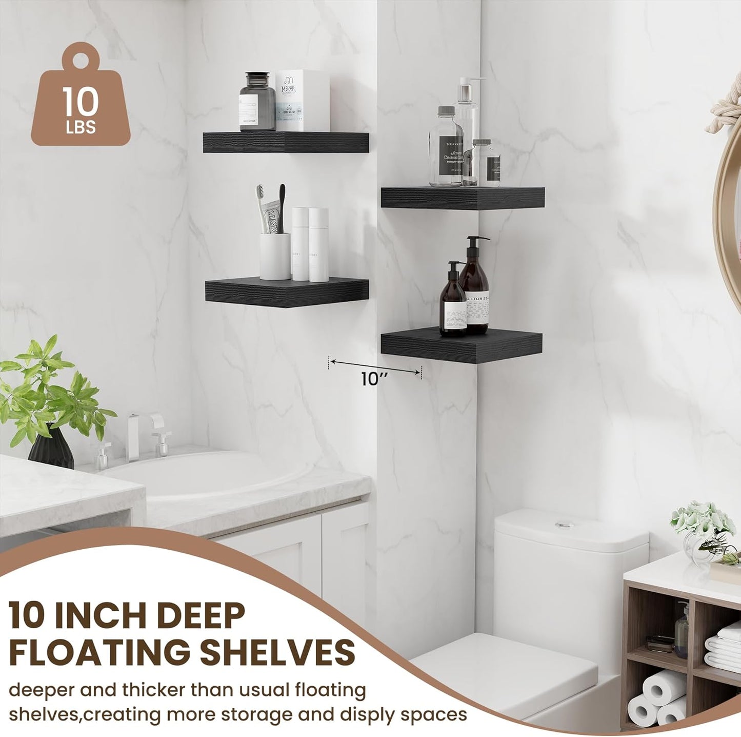 Fun Memories Floating Shelves for Wall 10 Inch, 10 Inch Deep Square Wall Shelves, Bathroom Storage Shelves Over Toilet, Wood Floating Shelves for Living Room Bedroom, Black, Set of 2