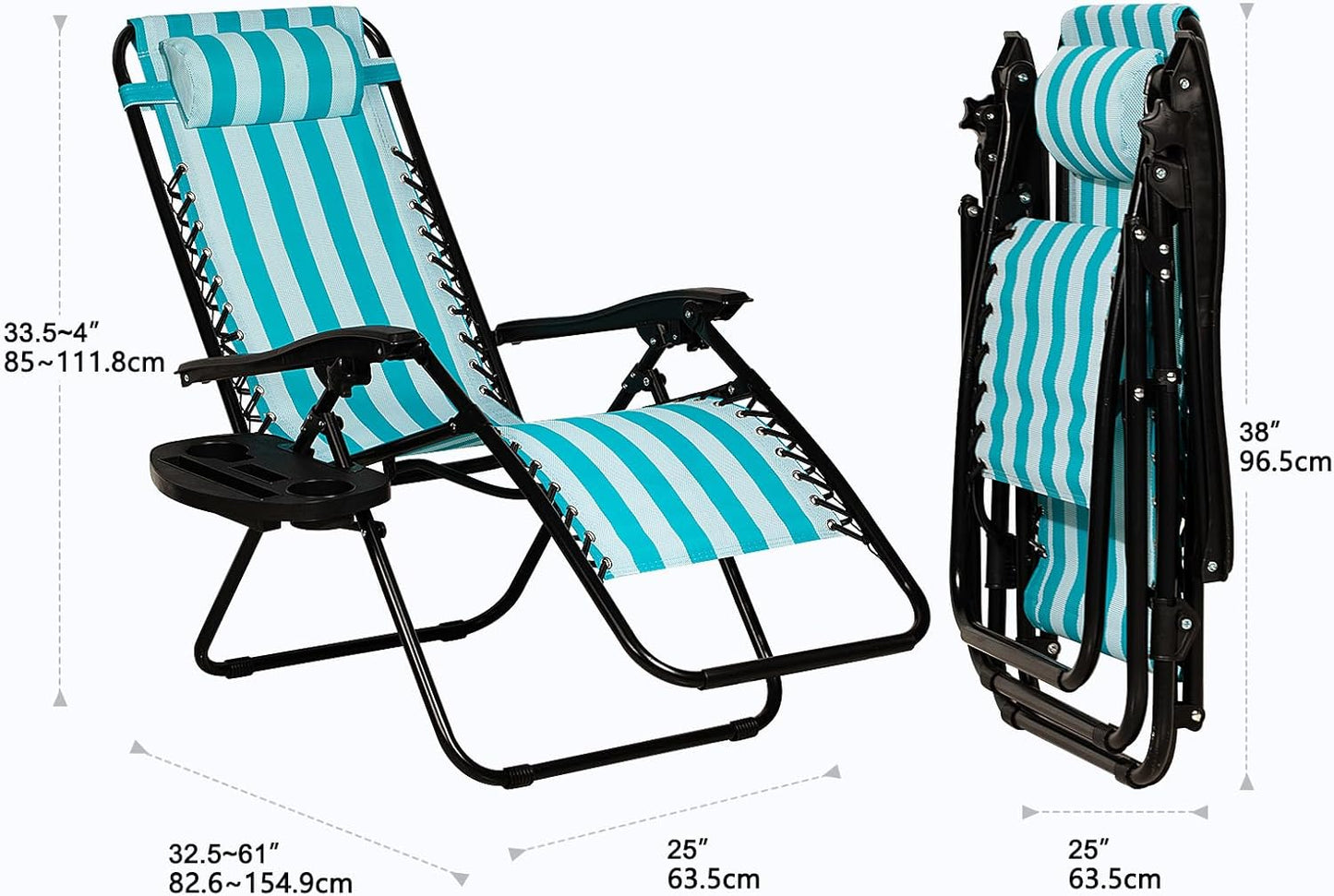 Nazhura Set of 2 Relaxing Recliners Patio Chairs Adjustable Steel Mesh Zero Gravity Lounge Chair Beach Chairs with Pillow and Cup Holder (Light Blue Stripe)