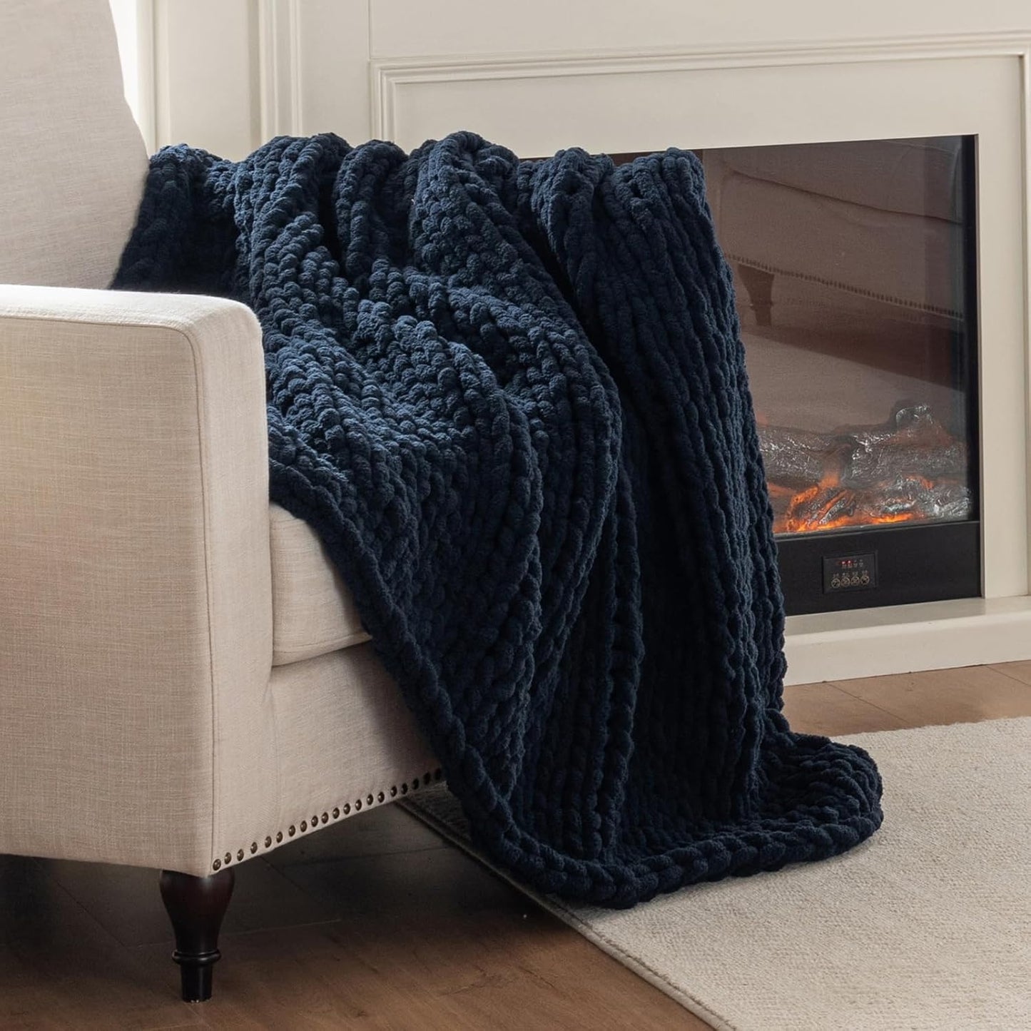 Chunky Knit Blanket Throw, 100% Hand Knit Throw Blanket Handmade Chenille Cable Knit Throw for Couch, Stylish Cozy Soft Rope Knot Crochet Blanket for Home Decor, Navy Blue, 50x60 Inches