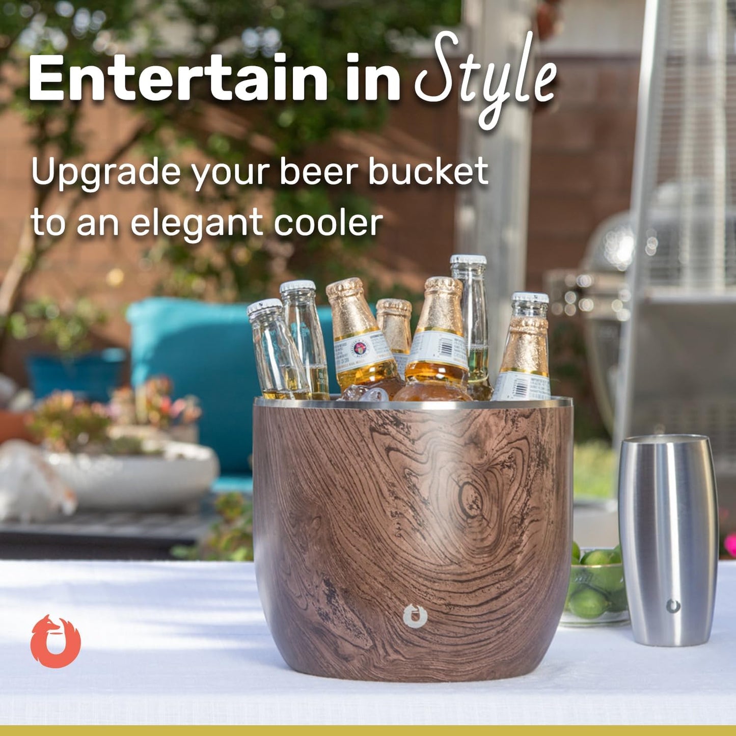 SNOWFOX XL Premium Vacuum Insulated Double Wall Stainless Steel Ice Bucket with Lid/Scoop, Bar Accessories, Large Elegant Party Bucket, Chill Several Bottles, Beautiful Entertaining, 7L, Natural Teak