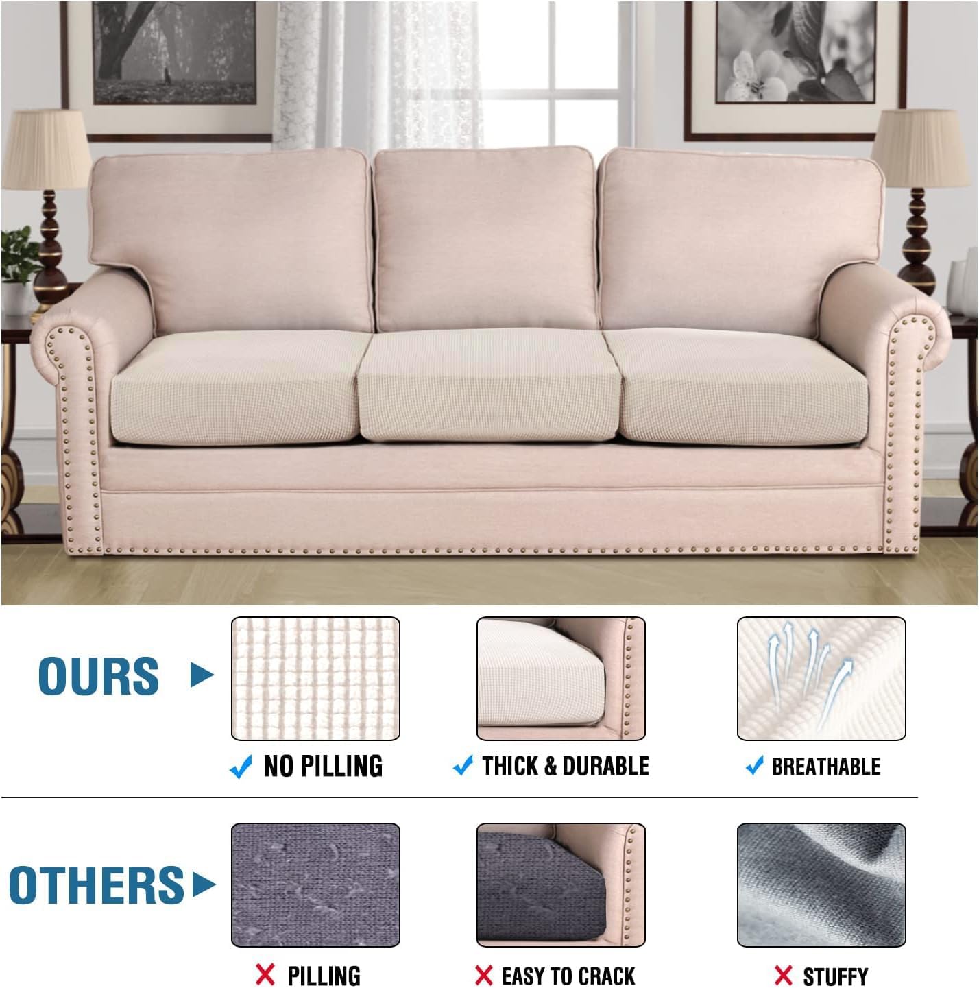 H.VERSAILTEX Super Stretch Individual Seat Cushion Cover Sofa Covers Couch Cushion Covers Slipcover Sets Thick Jacquard Textured Twill Fabric (3 Piece Sofa Cushion Covers, Ivory)