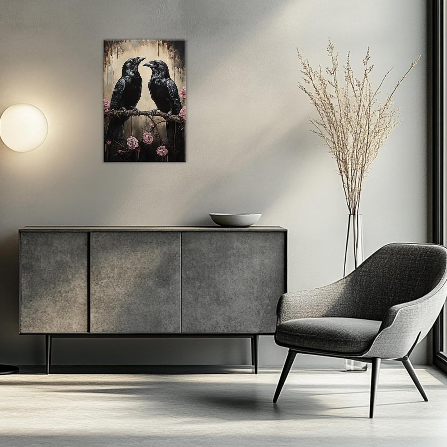 OAAPITI Crow Canvas Wall Art Black Raven Picture Print Pink Rose Poster Vintage Gothic Painting Artwork for Living Room Halloween Decor(Artwork-6,28"x42")