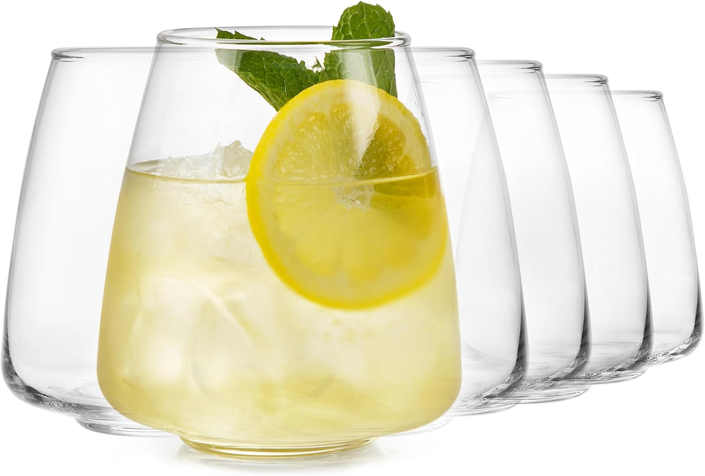 Libbey Stackable Stemless Wine Glasses Set of 6, Tapered Bulb Shaped All Purpose Wine Glass Set, Dishwasher Safe Glass Wine Glasses, Cocktail