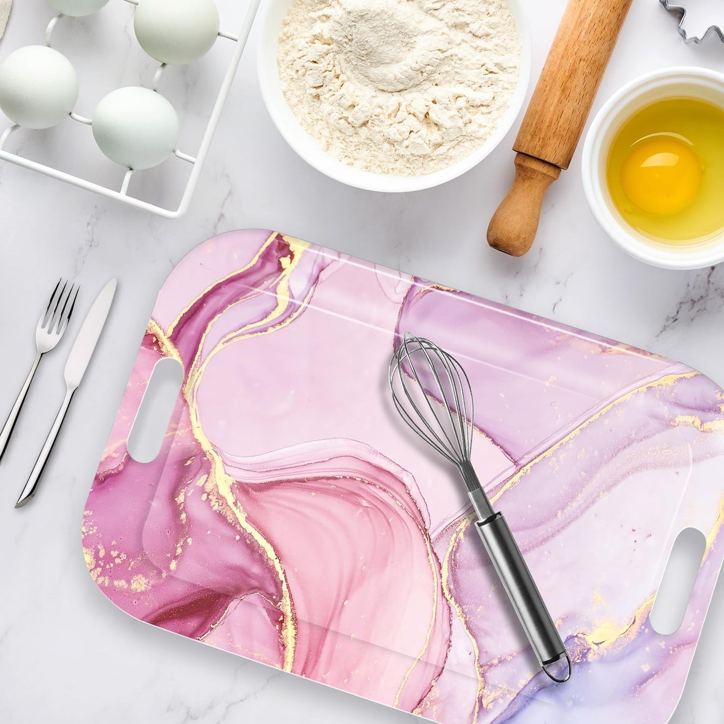 Serving Trays with Handles, 14.5 x 9.8 inch Rectangular Plastic Tray for Restaurant, Kitchen, Painting of Pink and Gold Marble