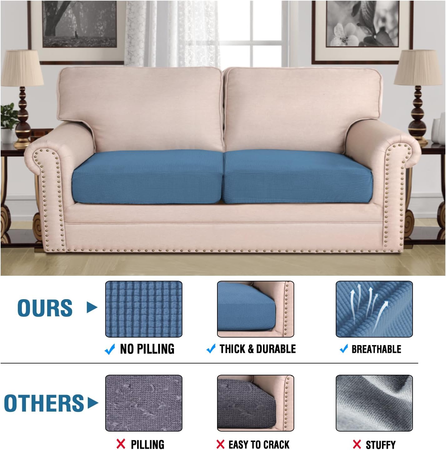 H.VERSAILTEX Super Stretch Individual Seat Cushion Covers - Sofa & Couch Cushion Slipcover Sets - Thick Jacquard Textured Twill Fabric (2 Piece Large, Dusty Blue)