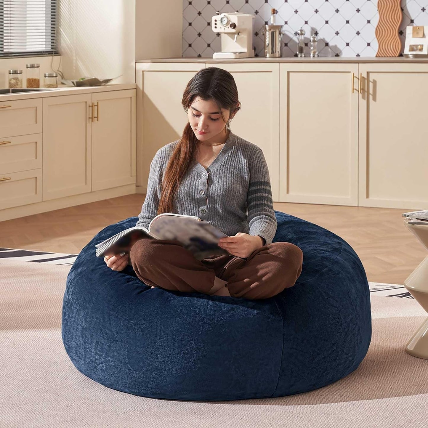 Bean Bag Chair 3Ft, Memory Foam Filled, Large Beanbag Chairs for Adults and Teens, Soft Sofa with Removable Flannel Cover, Round Couch for Living Room Bedroom College Dorm (Blue, 3FT-36×36"×24")