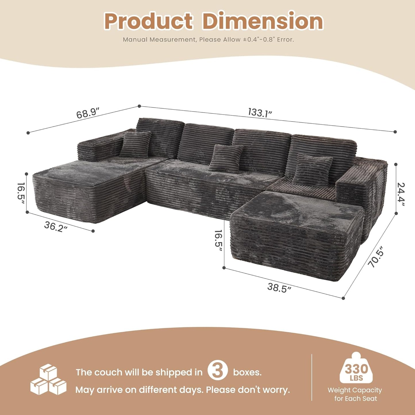 HOOOWOOO Cloud Sectional Couches for Living Room,Modular Sectional Sofa No Assembly,133X70 Inch Plush Corduroy Large U Shaped Floor Couch Set with Deep Seat Chaise Ottoman(Gray)