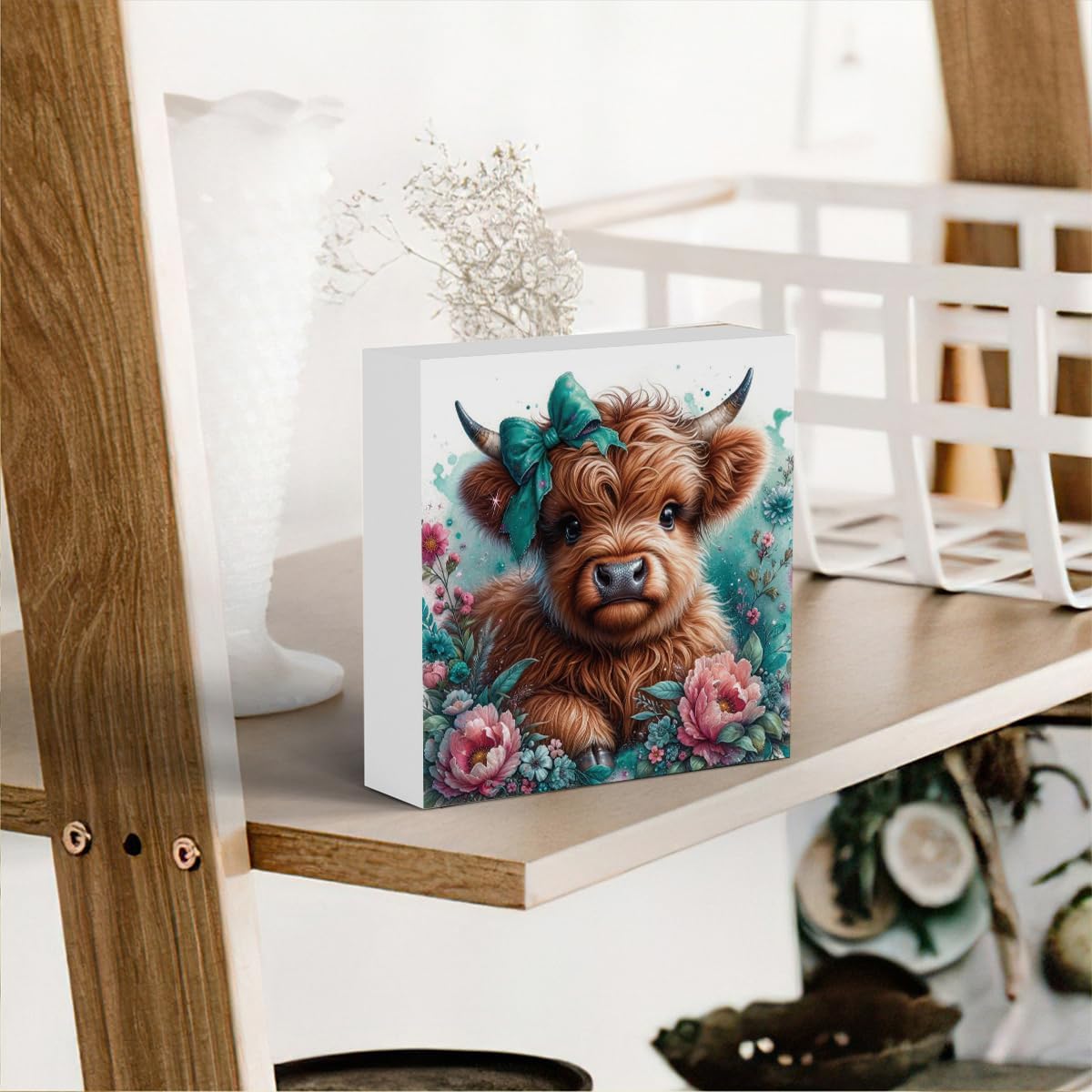 Highland Cow Decor, Highland Cow Gifts for women, Highland Cow Baby Decor, Cow With Pink Bow, Highland Cow Nursery Decor, Wooden Box Decor Sign for Home Farmhouse Office Living Room Table Shelf