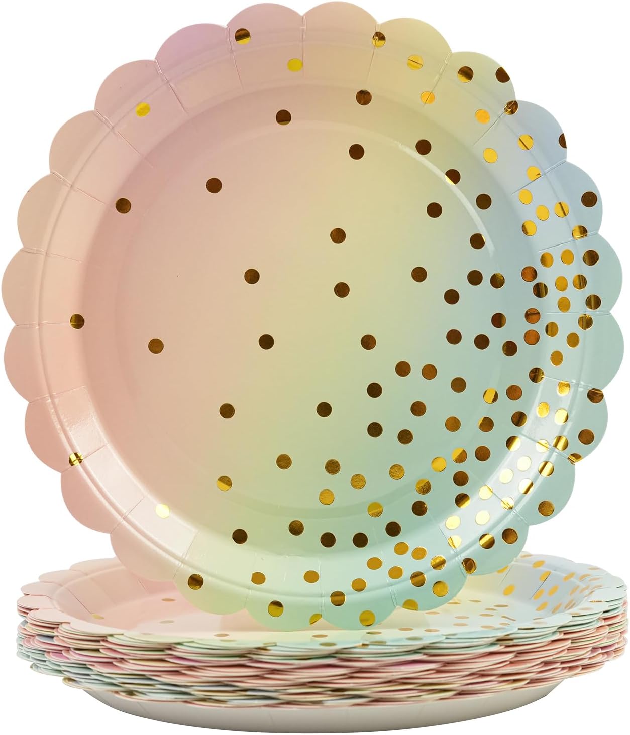 50PCS Pastel Rainbow Paper Plates, 7 Inch Scalloped Colorful and Gold Dot Party Plates Disposable Dessert Plate Cake Plate Pastel Party Supplies Decorations for Birthday Aniversary