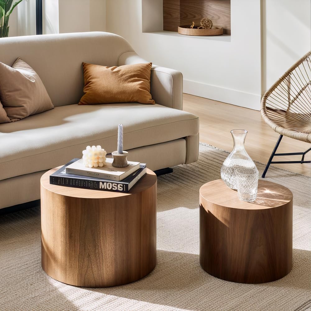 Nesting Coffee Table Set of 2, Modern Round Coffee Table with Non-Slip Feet, Walnut Wooden Circle Accent Tables for Small Spaces Living Room Bedroom Balcony Office Drum Side Table (Walnut)